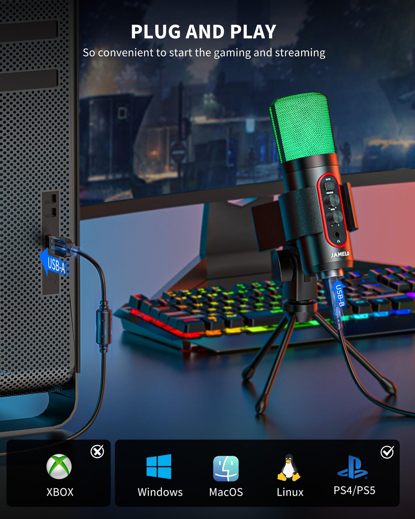 JAMELO USB Mikrofon, Kondensatormikrofon RGB Effekt PC Gaming Mikrofon mit Stummschaltung & Nachhall USB Mikrofon Tisch für Live-Streaming, Podcasting Gesangs- und Instrumentenaufnahmen