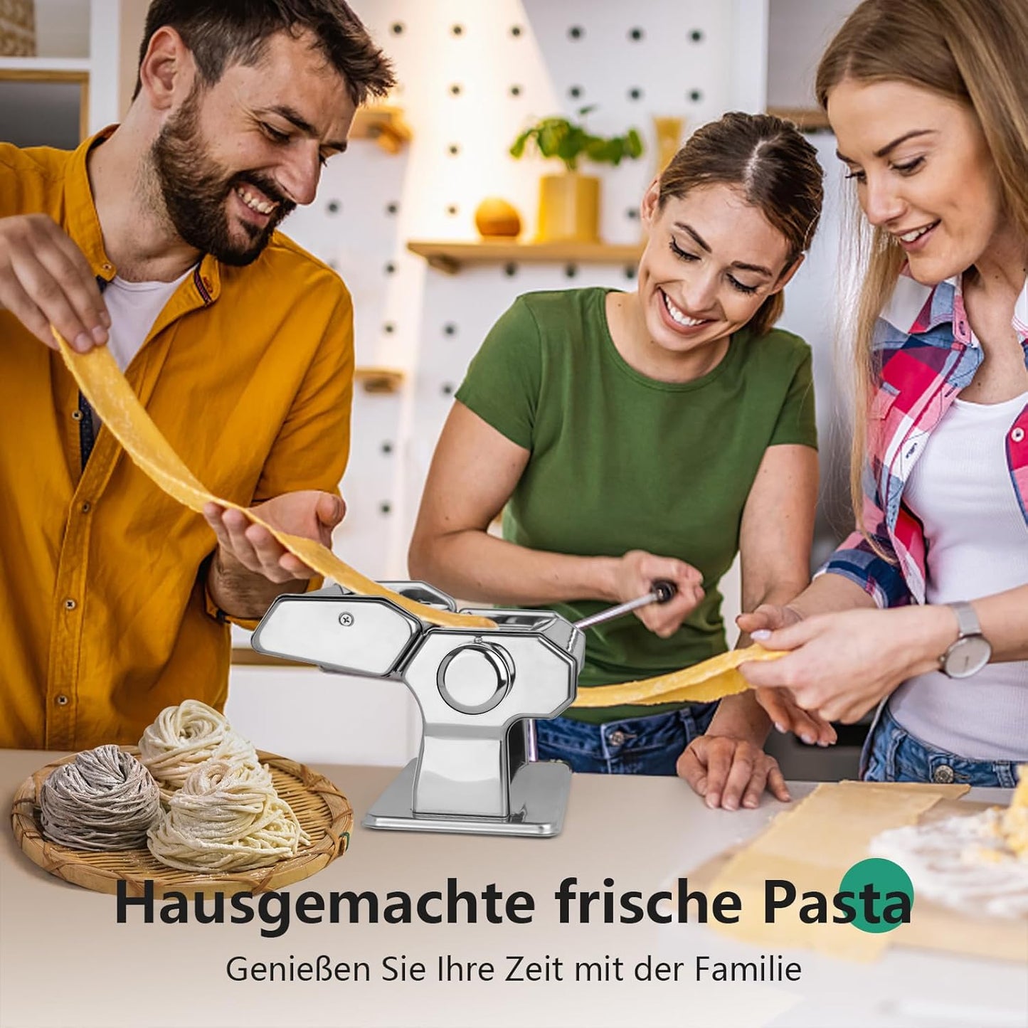 Manual pasta machine, stainless steel pasta maker with two widths, roller and cutter made of stainless steel with 7 adjustable thicknesses for pasta, spaghetti, fettuccine, lasagna