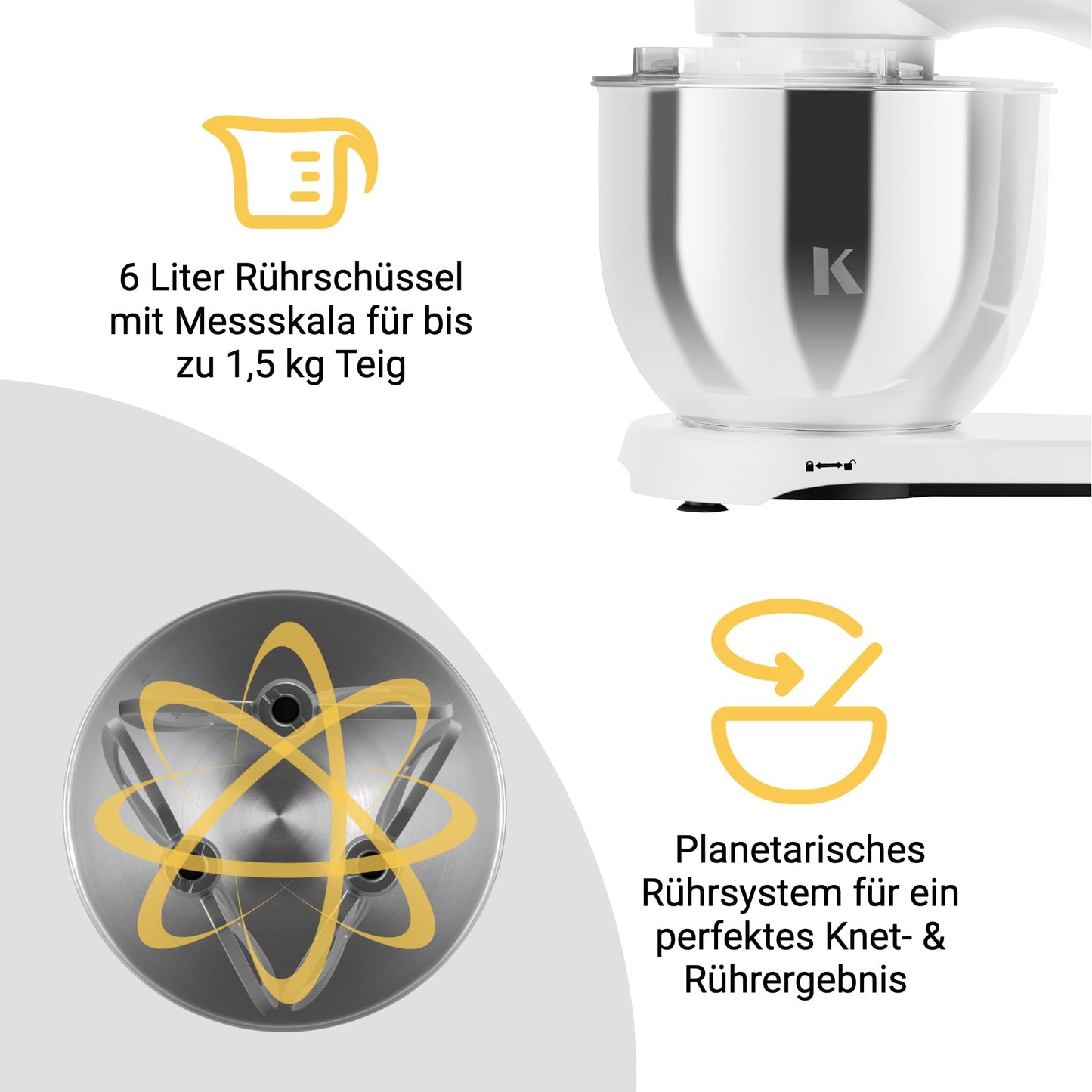 KLAMER Küchenmaschine 1800W, Knetmaschine Brotteig mit Edelstahl-Rührschüssel 6 L, 10 Stufen mit Timer, Planetenrührwerk, Rührbesen, Knethaken, Schneebesen & Sichtdeckel (schwarz)