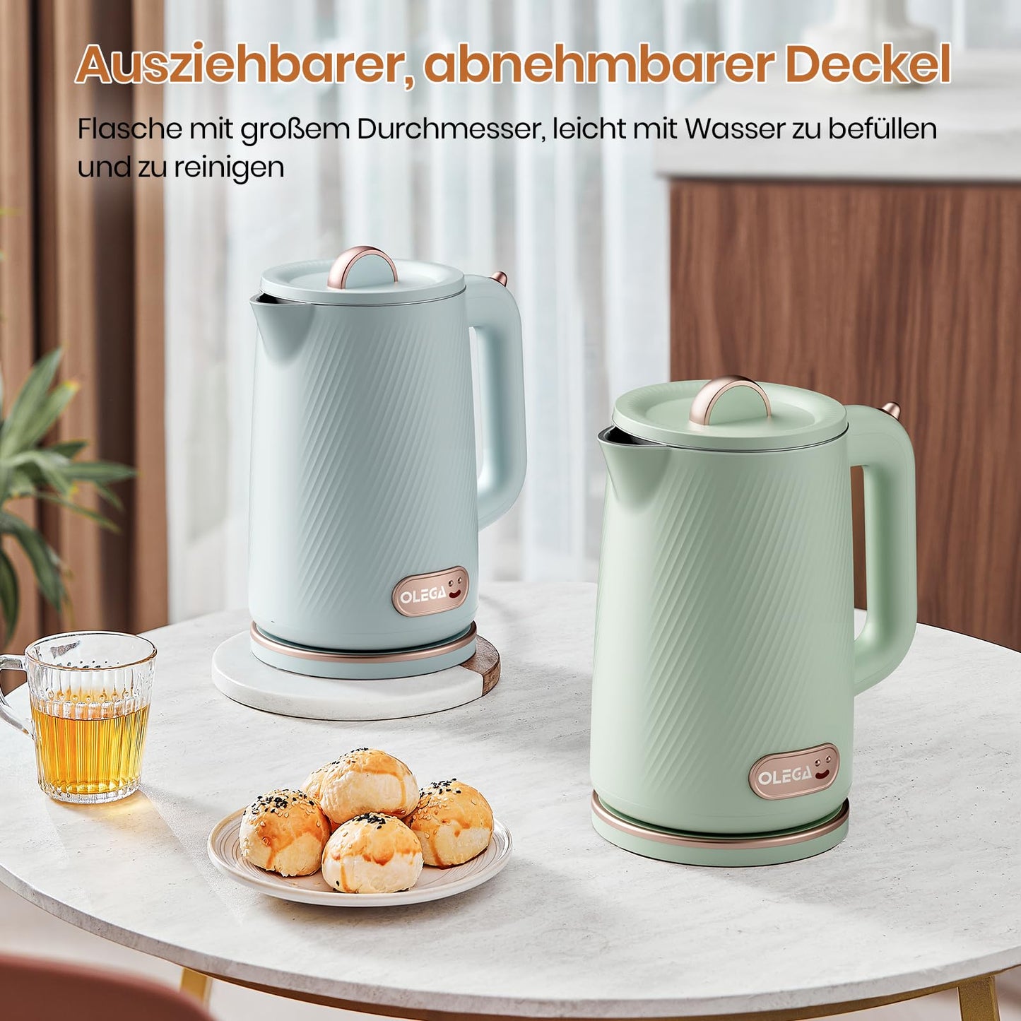 OLEGA Wasserkocher - 1800W Schnellaufheizender Elektrischer Teekessel BPA-freier 304 Edelstahl Elektrischer Wasserkocher mit Automatischer Abschaltung und Trockengehschutz Perfekt für die Familie 1.8L