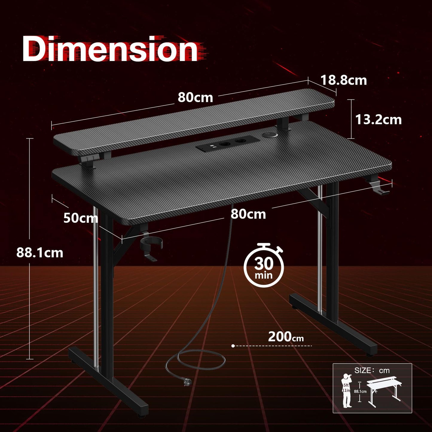 ODK Gaming Tisch, Kleiner Gaming Schreibtisch mit LED Beleuchtung & Steckdosen, Computertisch mit Monitorablage, Carbon Fiber Schwarz PC Gamer Tisch 100cm