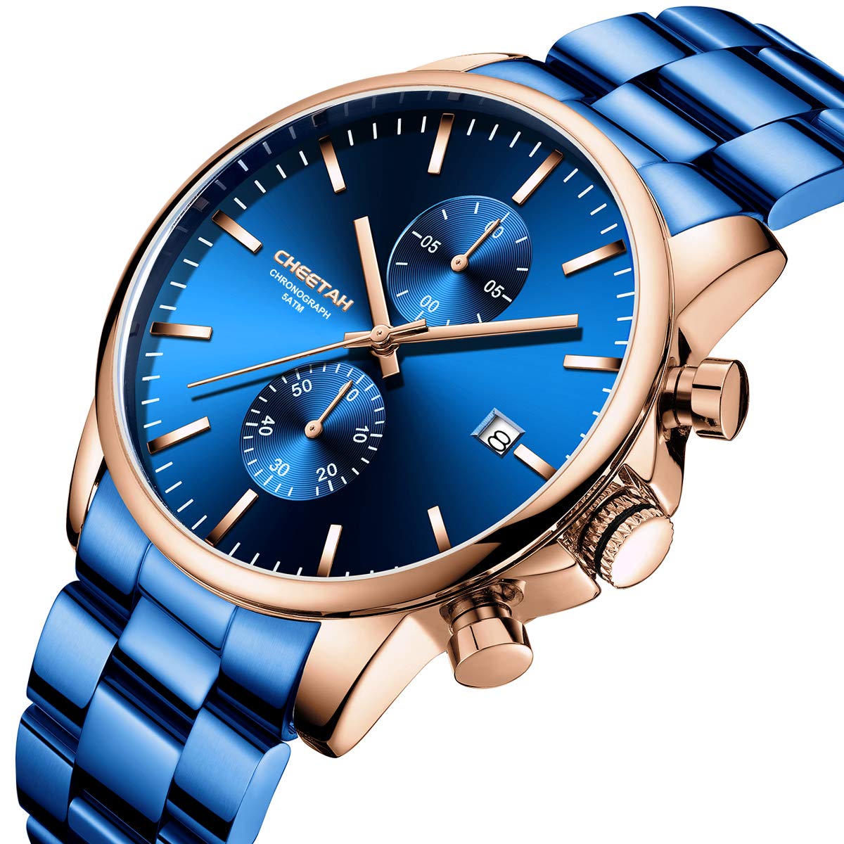 Herrenuhren mit lässiger wasserdichter Chronographen Quarzuhr aus Edelstahl und Metall, Auto Date in farbenfrohen Zeigern