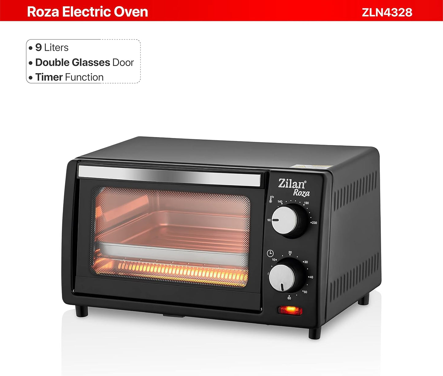 Zilan Elektro-Backofen, 9 l, Doppel-Sicherheitsglas, Timer, 2-teilig, Quarzwiderstand, Krümelplatte, 1 quadratische Platte, verchromtes Grill, 800 W