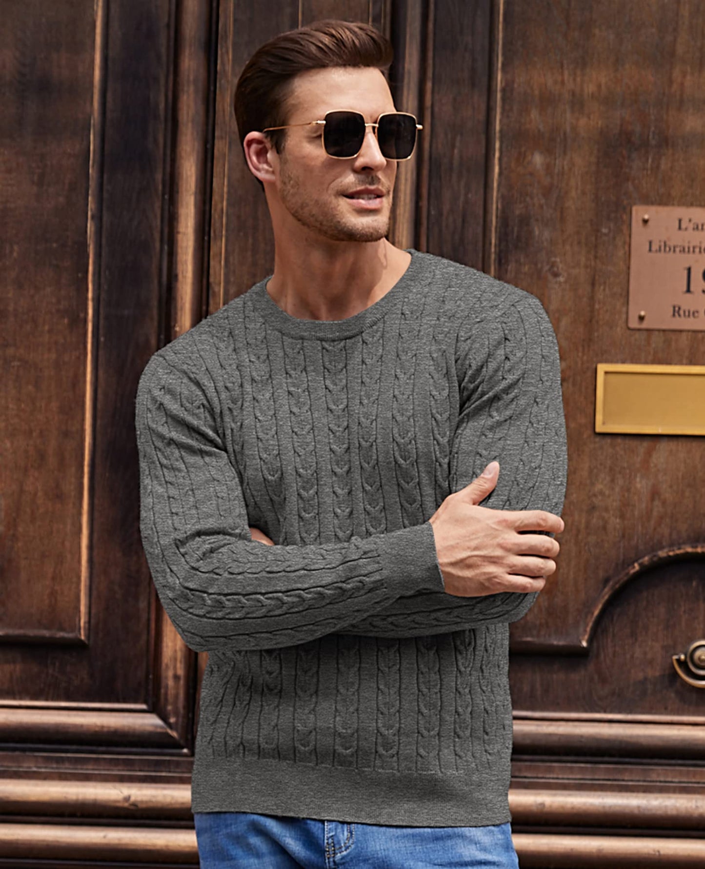 NITAGUT Men’s Cable Knit Sweater – Slim Fit Crewneck Pullover