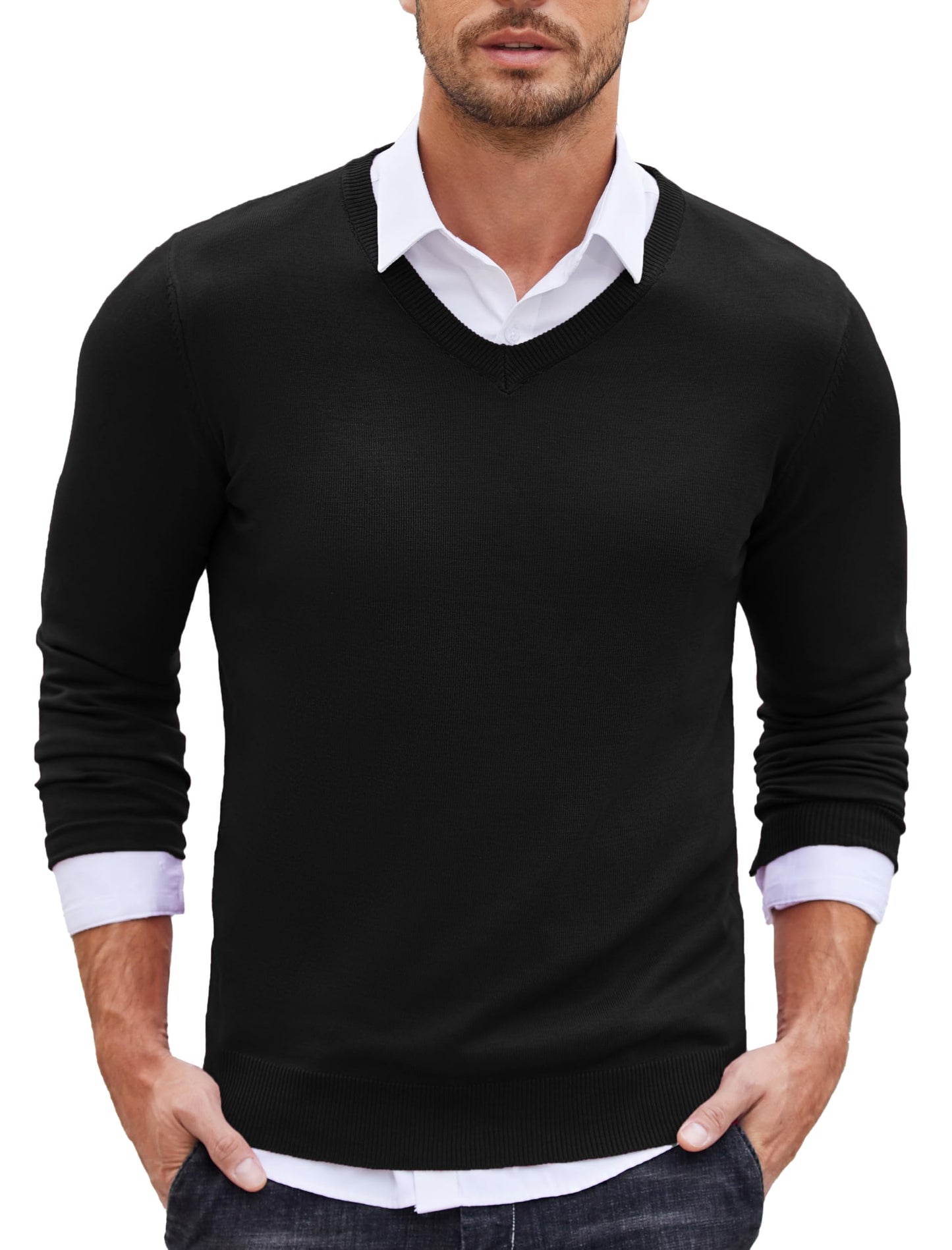 COOFANDY Men’s V-Neck Knit Sweater – Classic Long Sleeve Pullover