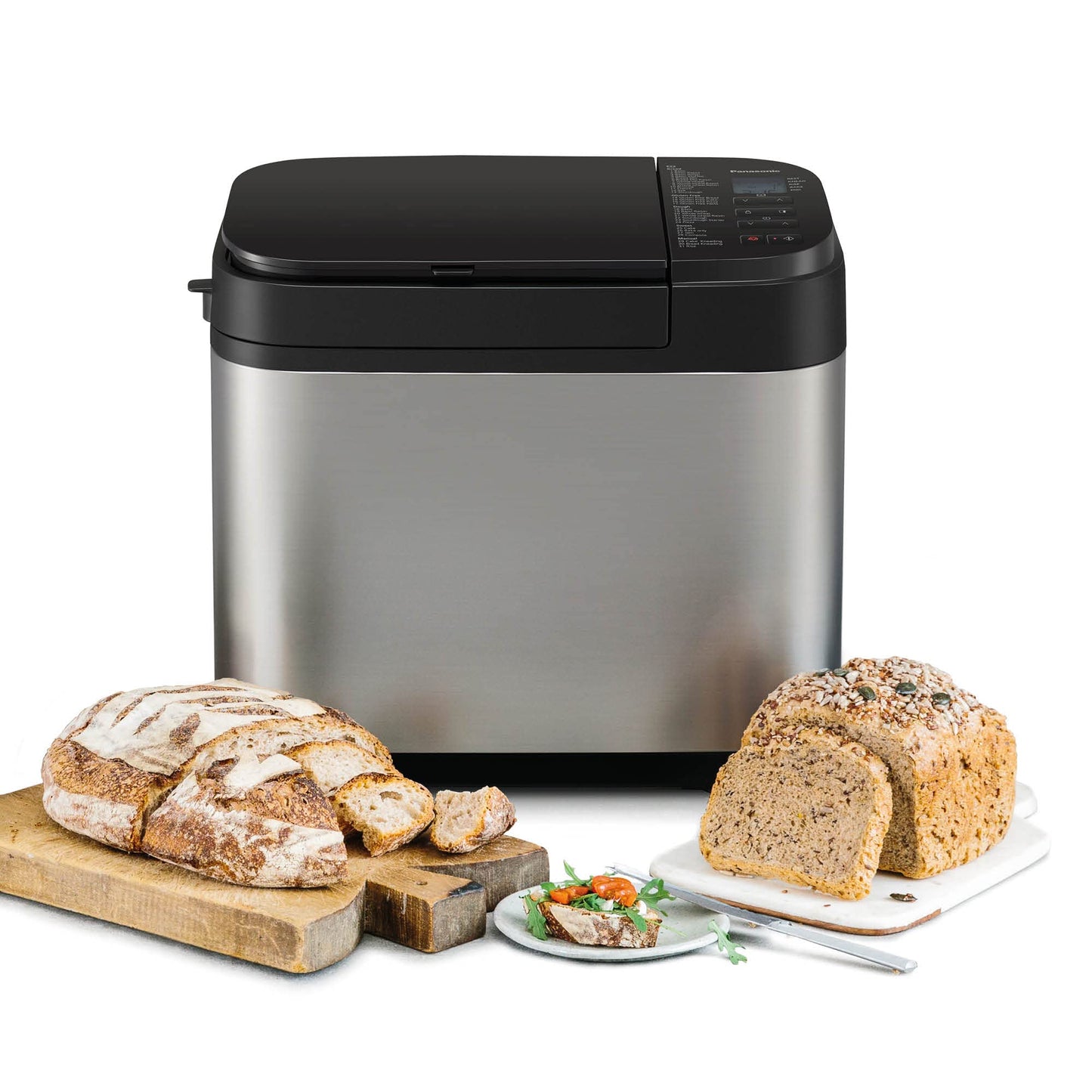 Panasonic Premium Grau Vollautomatischer Brotbackautomat, horizontales Design und Hefespender, 32 automatische Programme, zwei Temperatursensoren, 13-Stunden-Zeitvorwahl, Grau