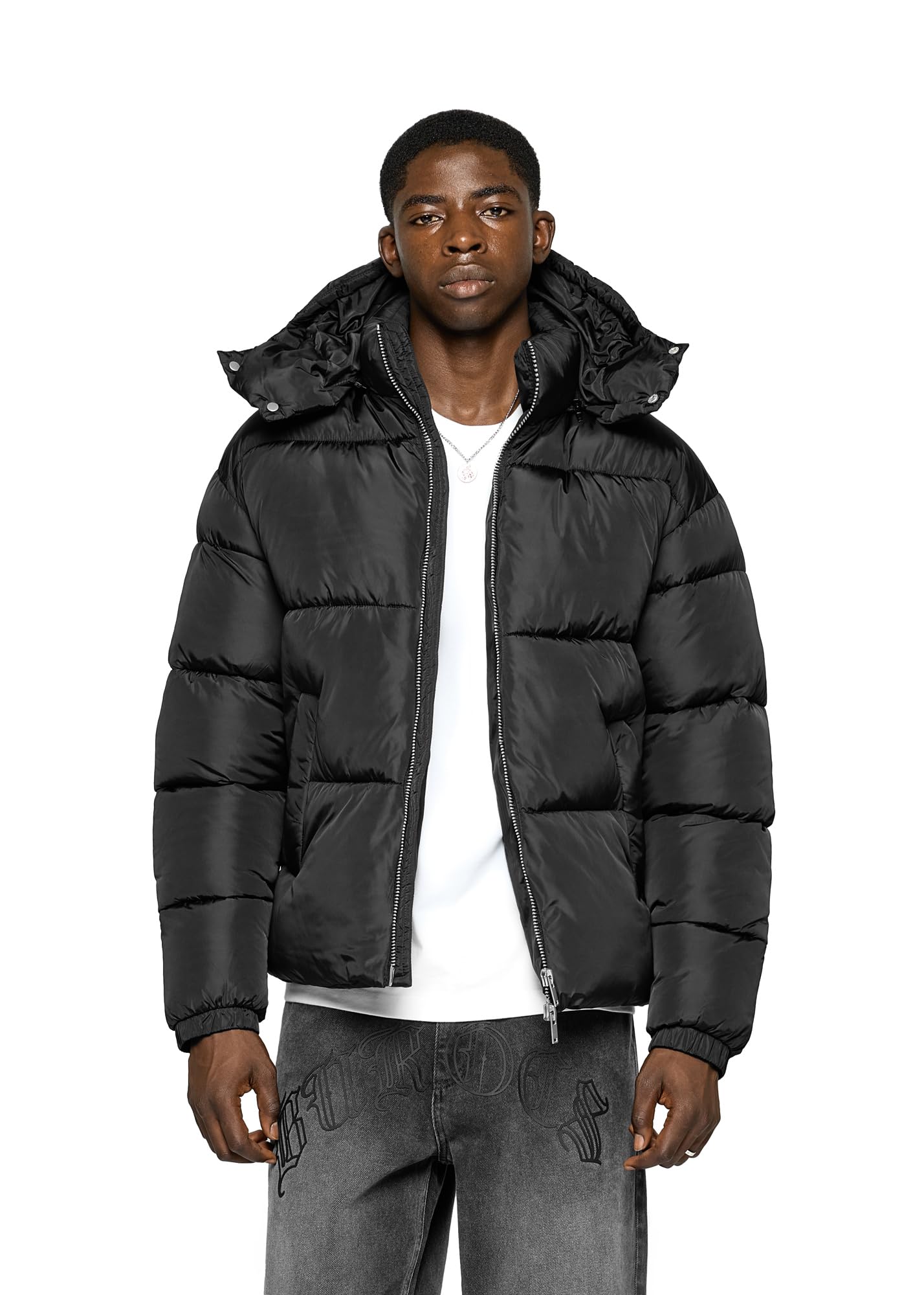 Burocs Hooded Puffer Jacket - Black - Jacke Herren - 2-Wege-Reißverschluss - abnehmbare Kapuze - Logo am Rücken - Kordelzug