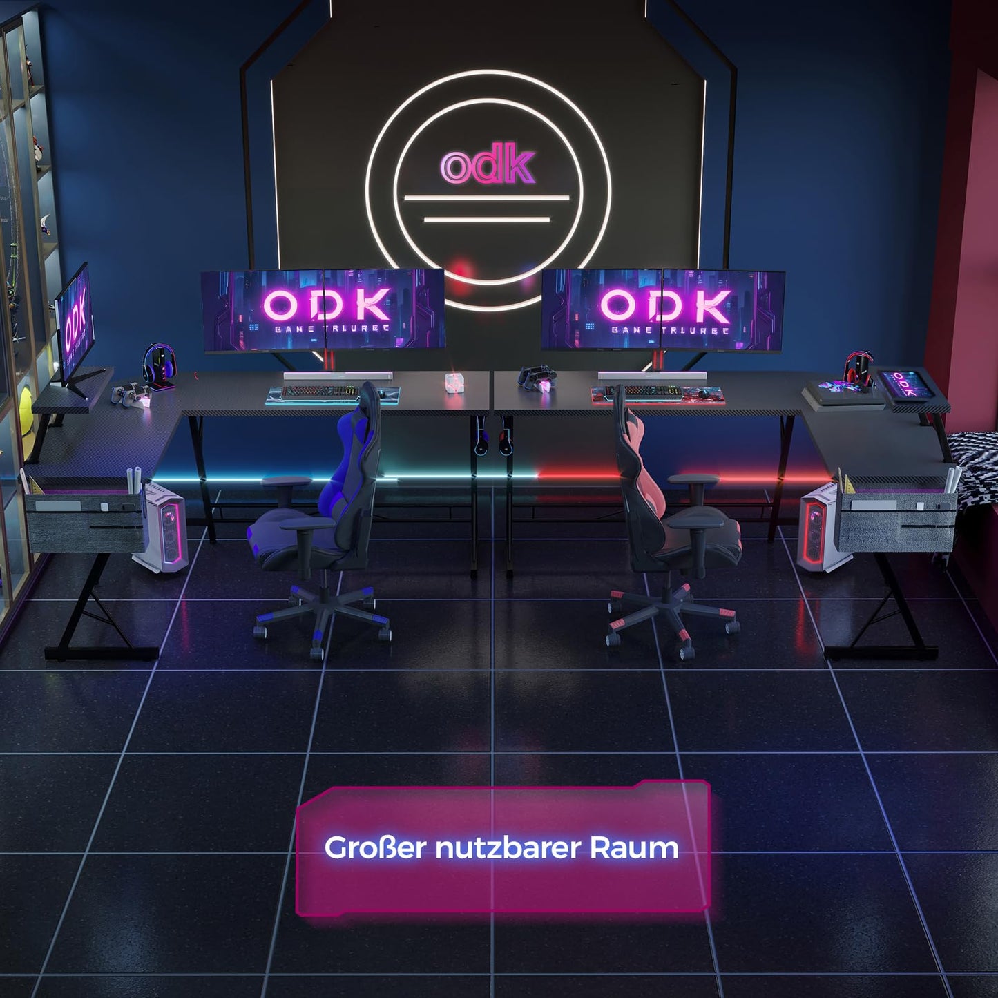 ODK Gaming Tisch, Gaming Schreibtisch Eckschreibtisch für Gamer, Schreibtisch L Form mit Monitorständer für Büro (Schwarz, 127 x 127 cm)