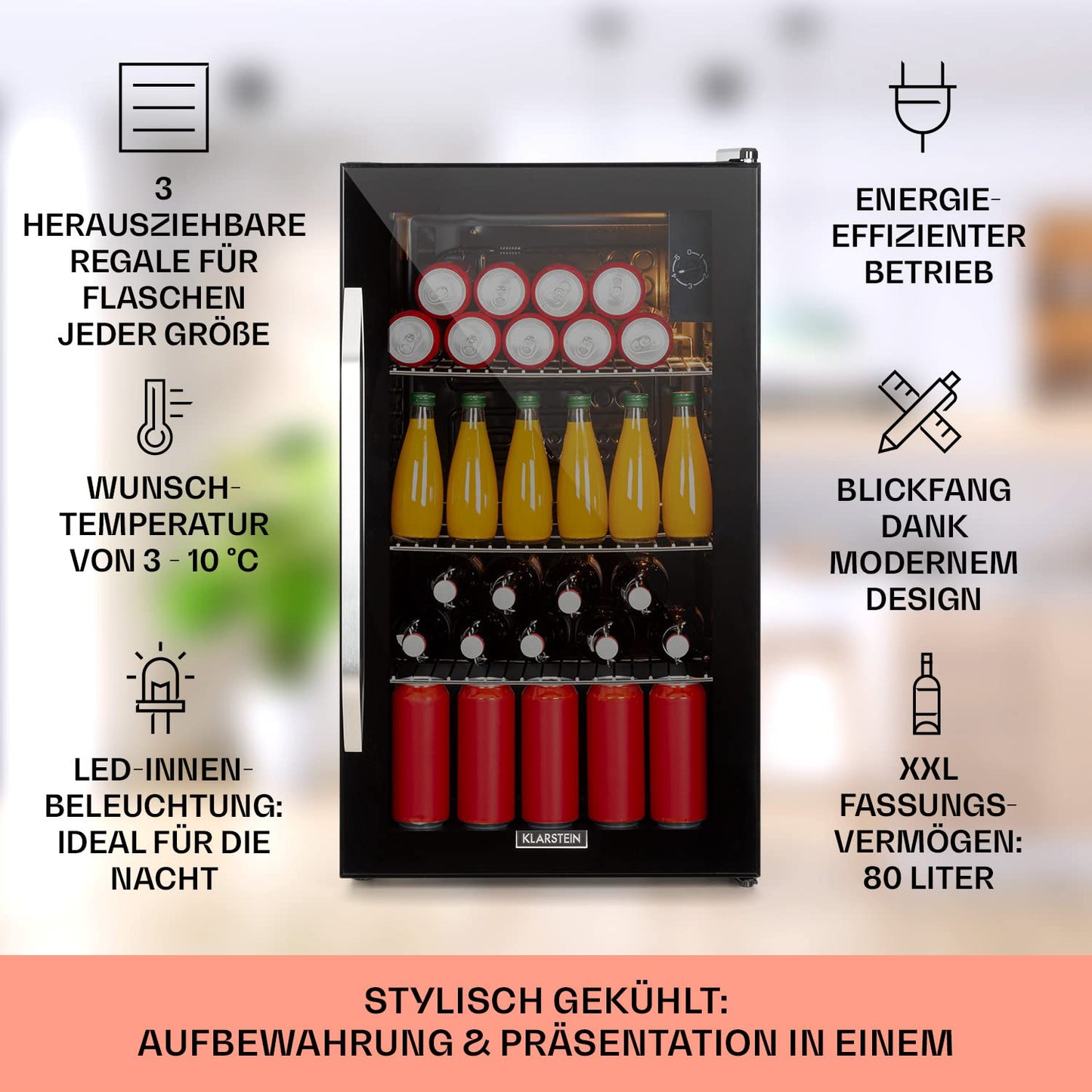 Klarstein Mini Fridge with Glass Door, Mini, for Room, Drinks Fridge Small with Adjustable Shelves, with Waveform Racks, 60 Liter Refrigerator Quiet