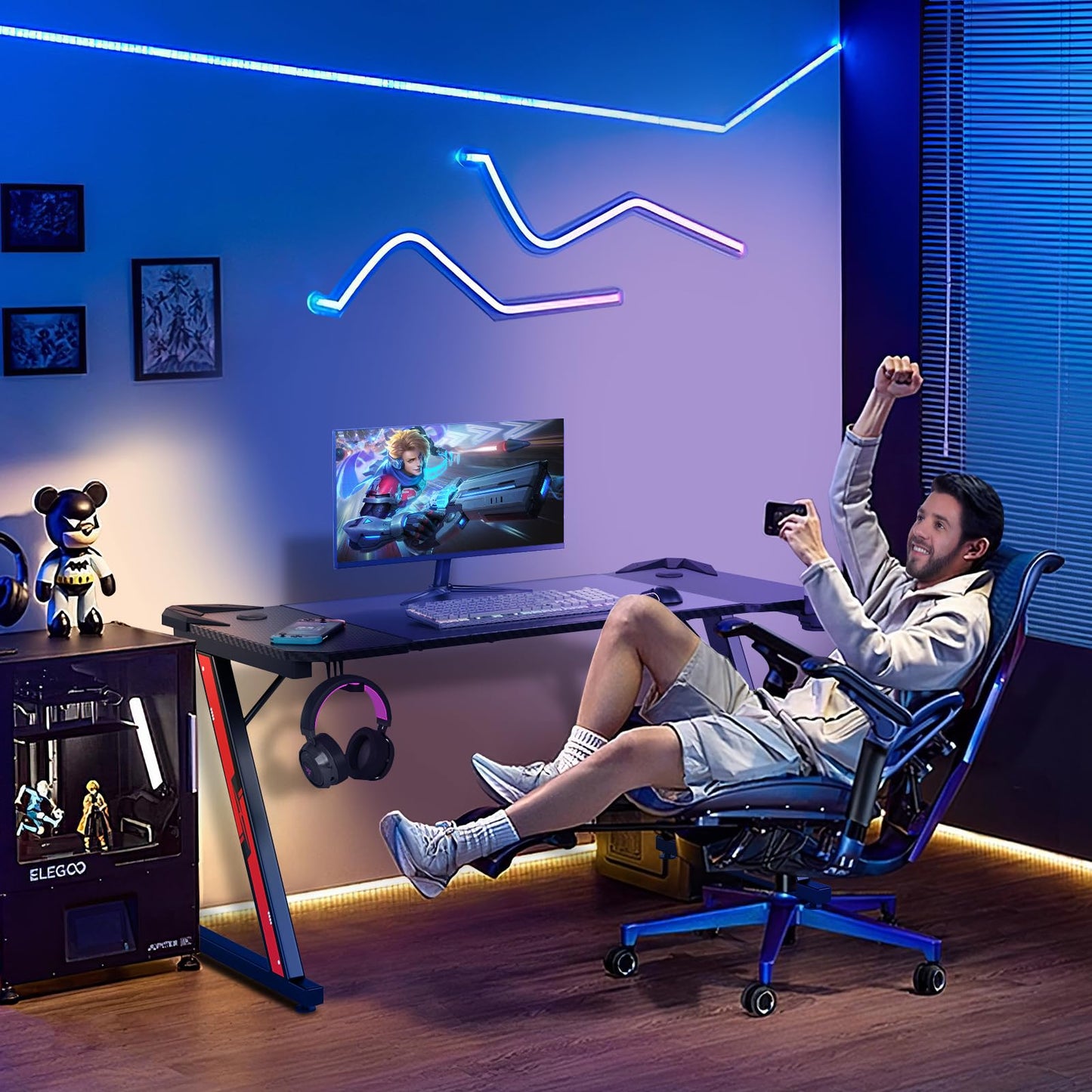 Homall Gaming Table, 80 x 52 cm, Z-Frame Gamer Desk with Headphone Hooks & Drink Holder, Carbon Coating, Ergonomic PC Computer Desk, Sturdy Table