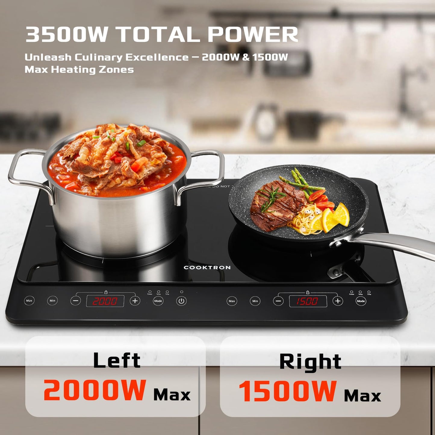 COOKTRON Induktionskochfeld 2 Platten Mobil, 3500W Doppel-Induktionskochplatte mit 6 Leistungsstufen, 10 Temperaturstufen, 3-Stunden-Timer, Touch-Steuerung, Ideal für Camping und Küche, Schwarz