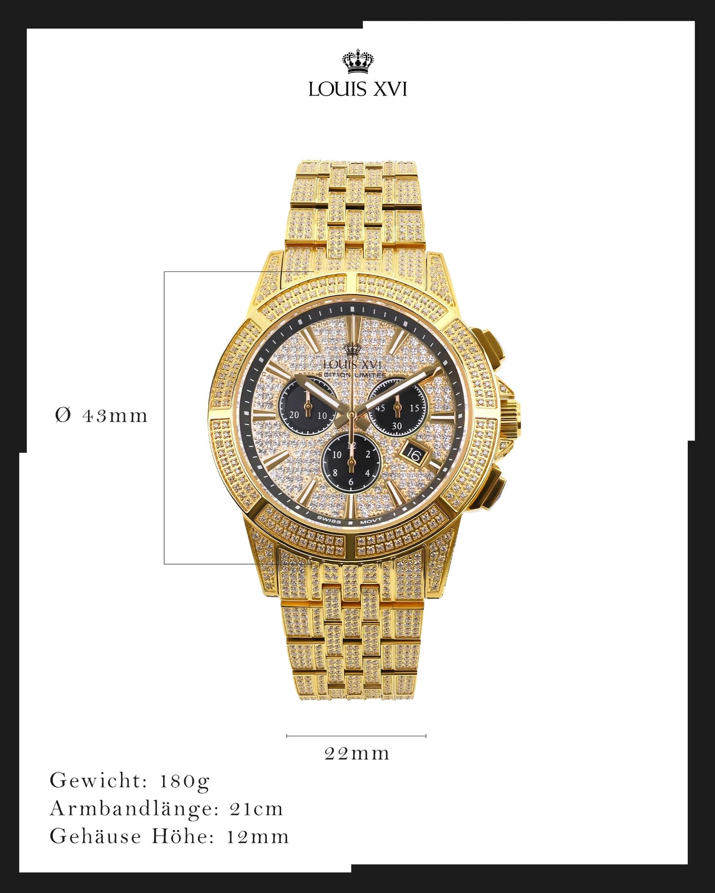 LOUIS XVI Majesté Full Iced Out Herrenuhr Chronograph 43 mm Schweizer Quarzwerk Edelstahl Armband Gold/Silber Iced Zifferblatt CZ-Diamanten