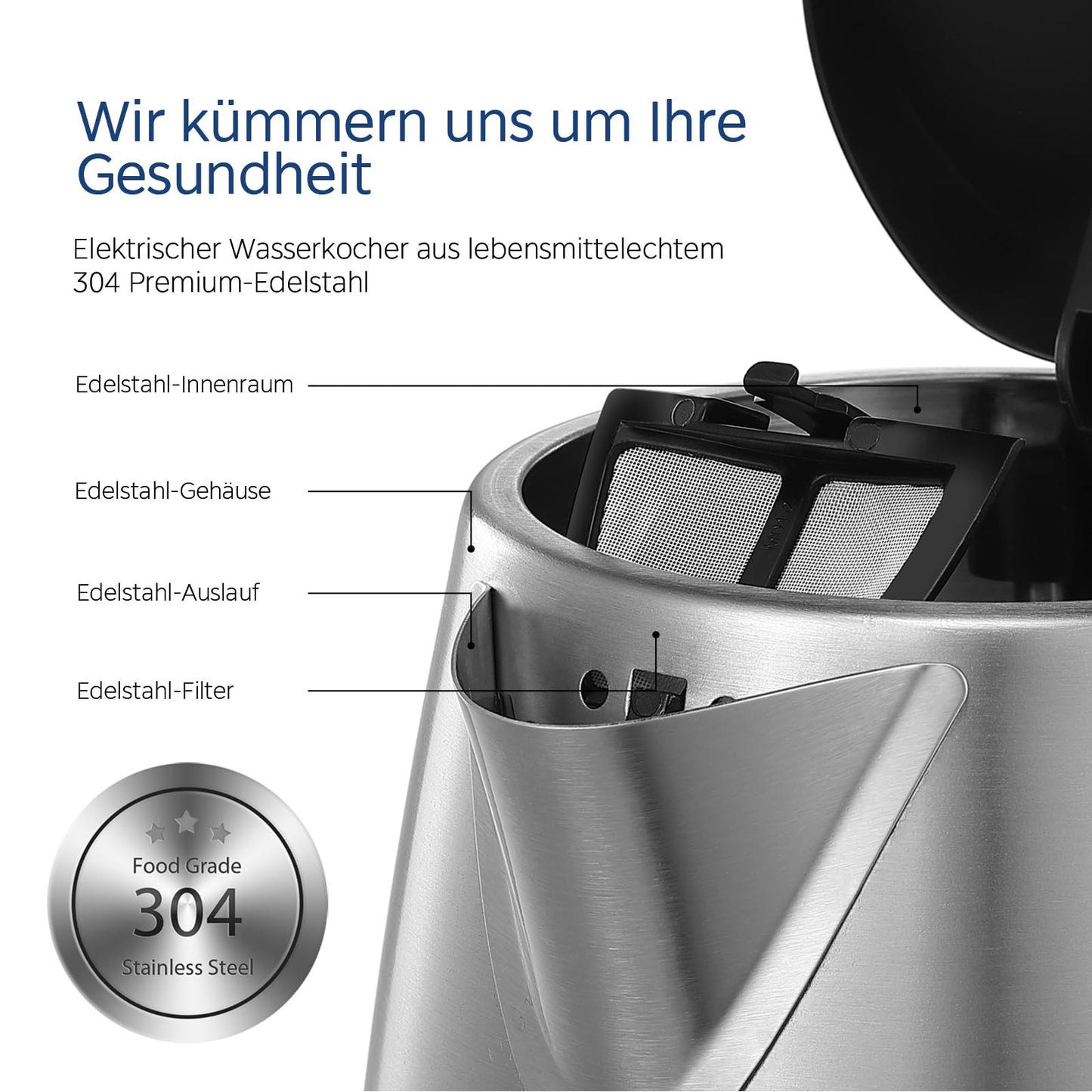 Midea Wasserkocher mit Temperatureinstellung (40, 60, 70, 80, 90, 100 Degree C),Edelstahl 1,7 Liter,Kettle 2200W mit Sichtfenster, Warmhaltefunktion für 60 Min
