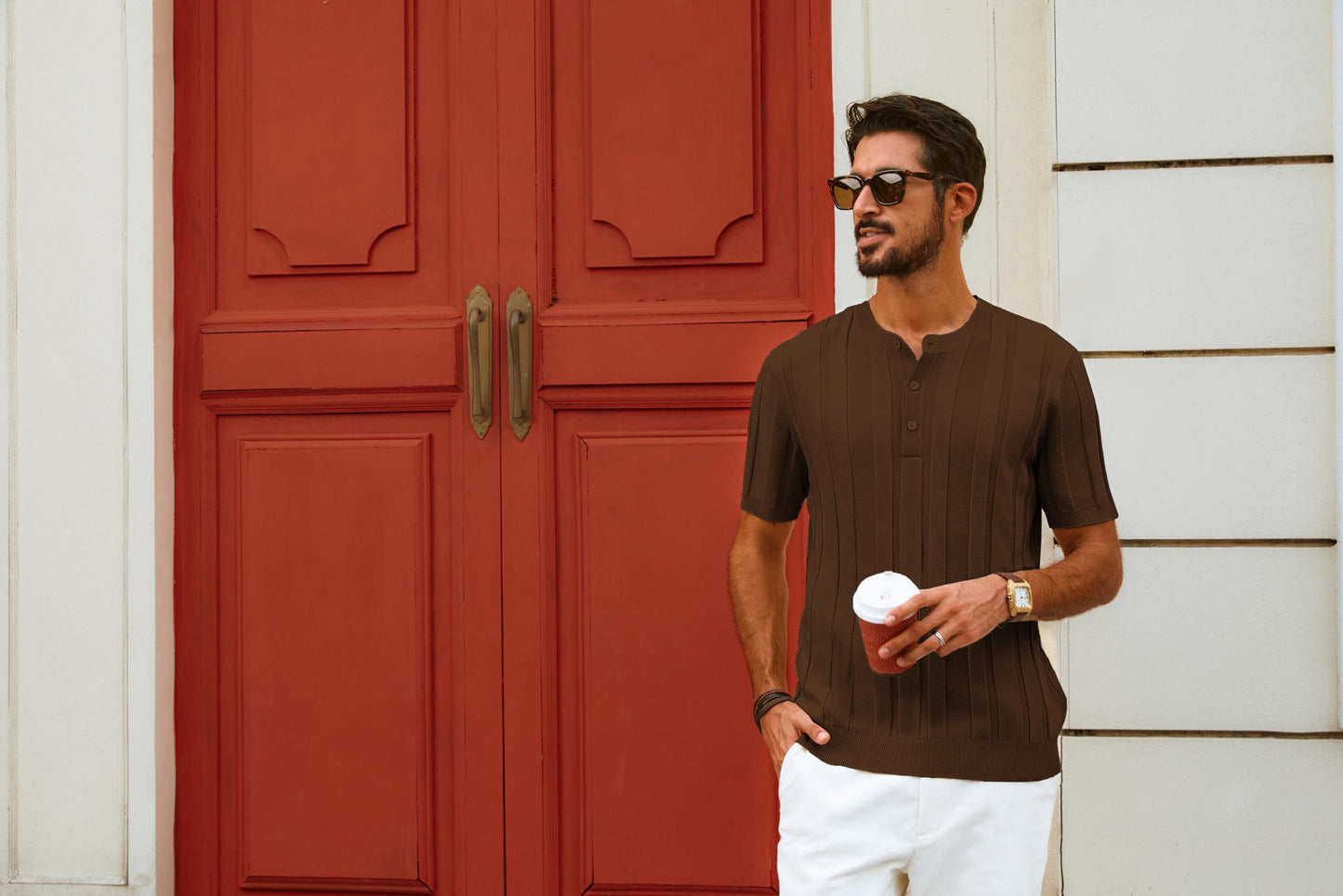 Men’s Henley Knit T-Shirt – Short Sleeve Summer Casual Tee