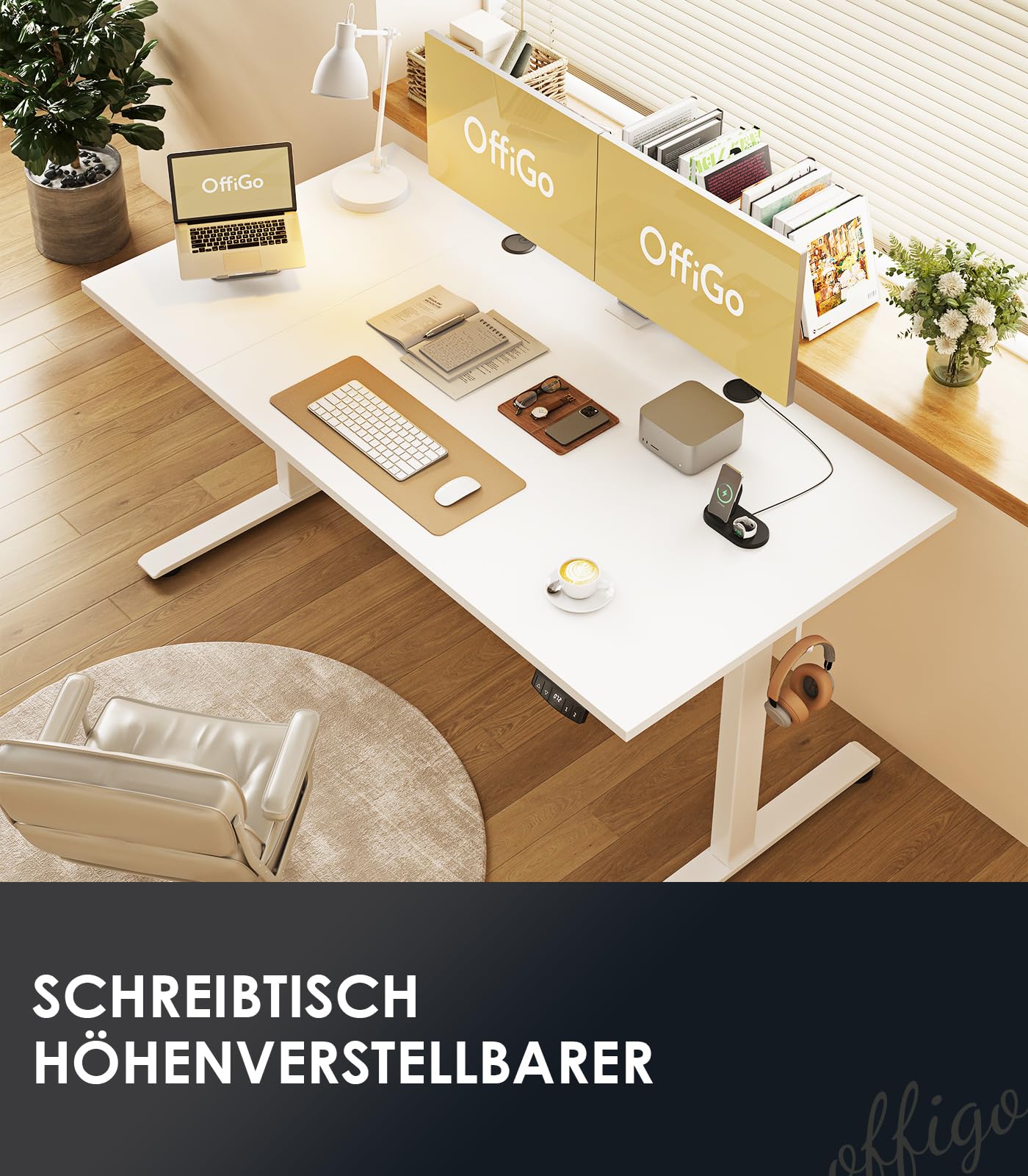 OffiGo Höhenverstellbarer Schreibtisch, 120 cm Elektrischer Schreibtisch, Ergonomischer Tisch mit Memory-Funktion, Gaming Tisch Höhenverstellbar, Moderner Computertisch für Zuhause und Büro, Weiß