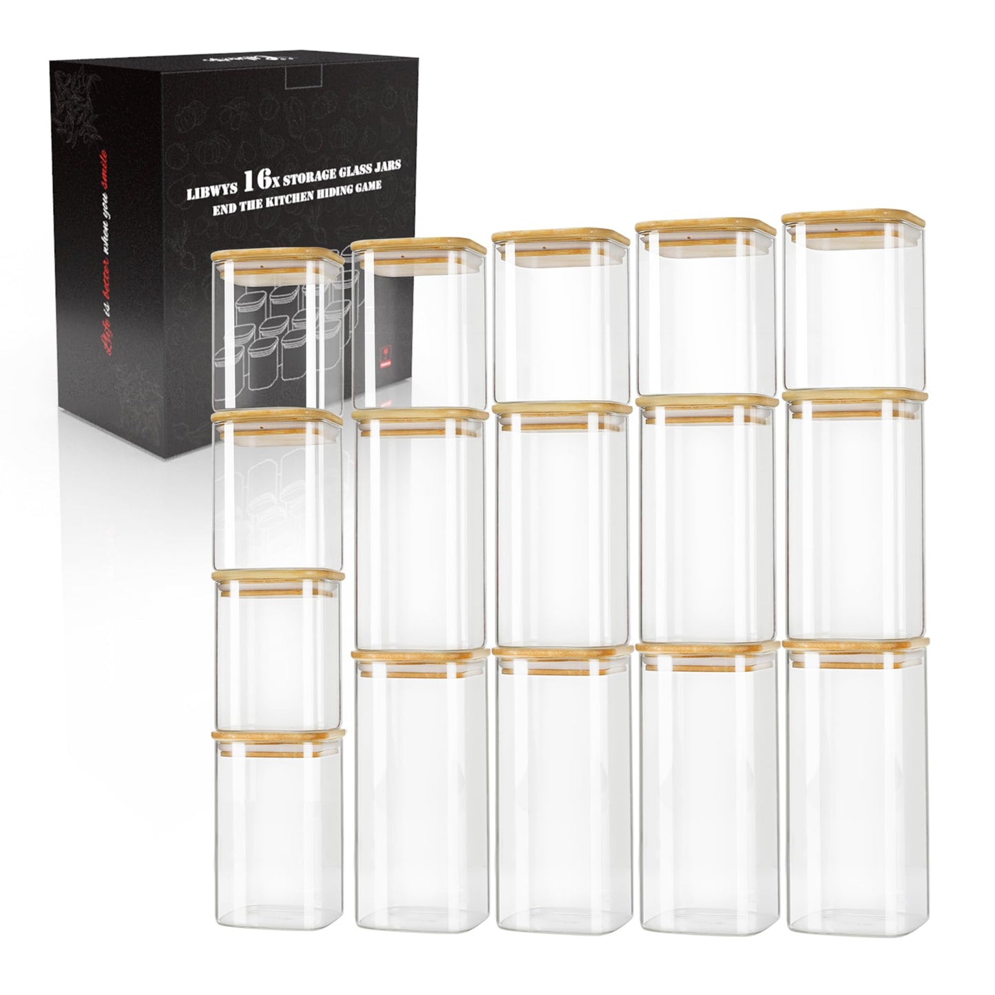 LIBWYS 12er Set Vorratsgläser mit Deckel Eckig Vorratsdose Glas - in 3 Größen: 720ml;1150 ml; 1580 ml - 12pcs Plus Edition