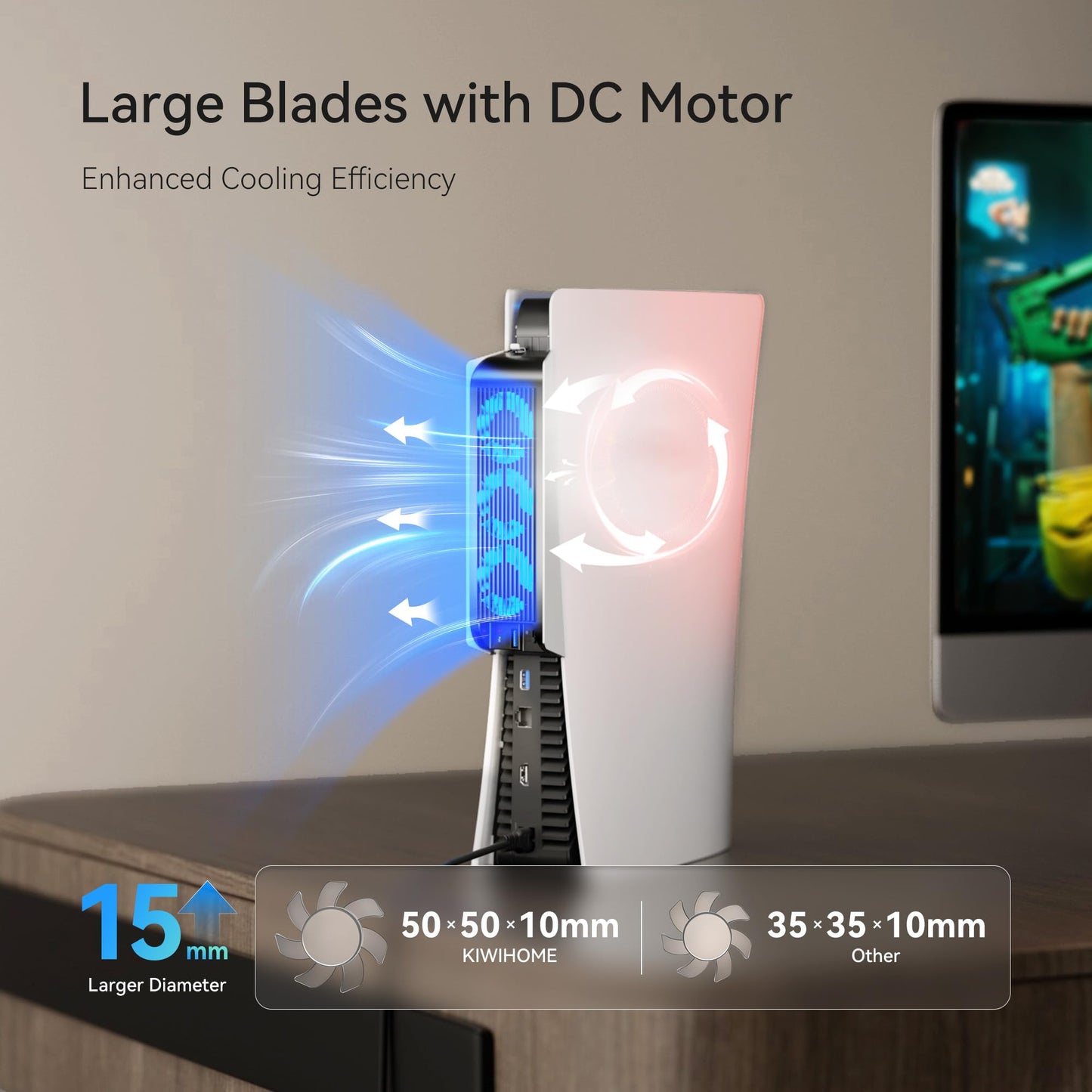 Kühlzubehör für ALTE PS5-Version, KIWIHOME PS5-Lüfter mit LED, automatischer Geschwindigkeitsregelung und USB3.0-Hubs, für PS5 Disc und Digital Edition, nicht für PS5 Slim/PS5 Pro (Weiß)