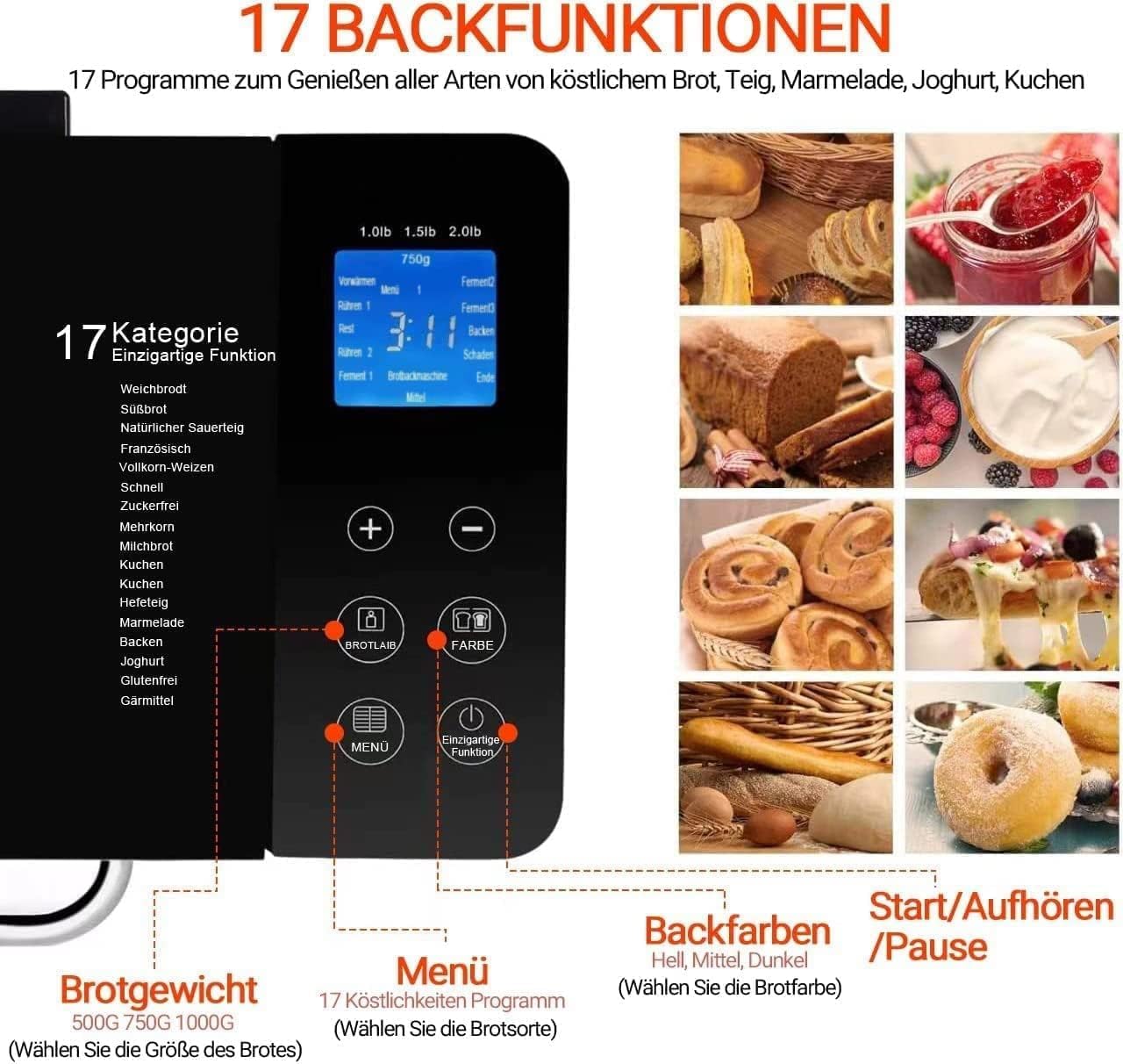 KEEPEEZ 2LB Brotbackautomat, Quarz Schnellheizer Brotbackautomaten Edelstahl with Keramik-Pfannen, 17-in-1 Brotbackmaschine with Auto Nut Dispenser, 2 Paddles, 3 Brotgrößen and 3 Backfarben,Glutenfrei