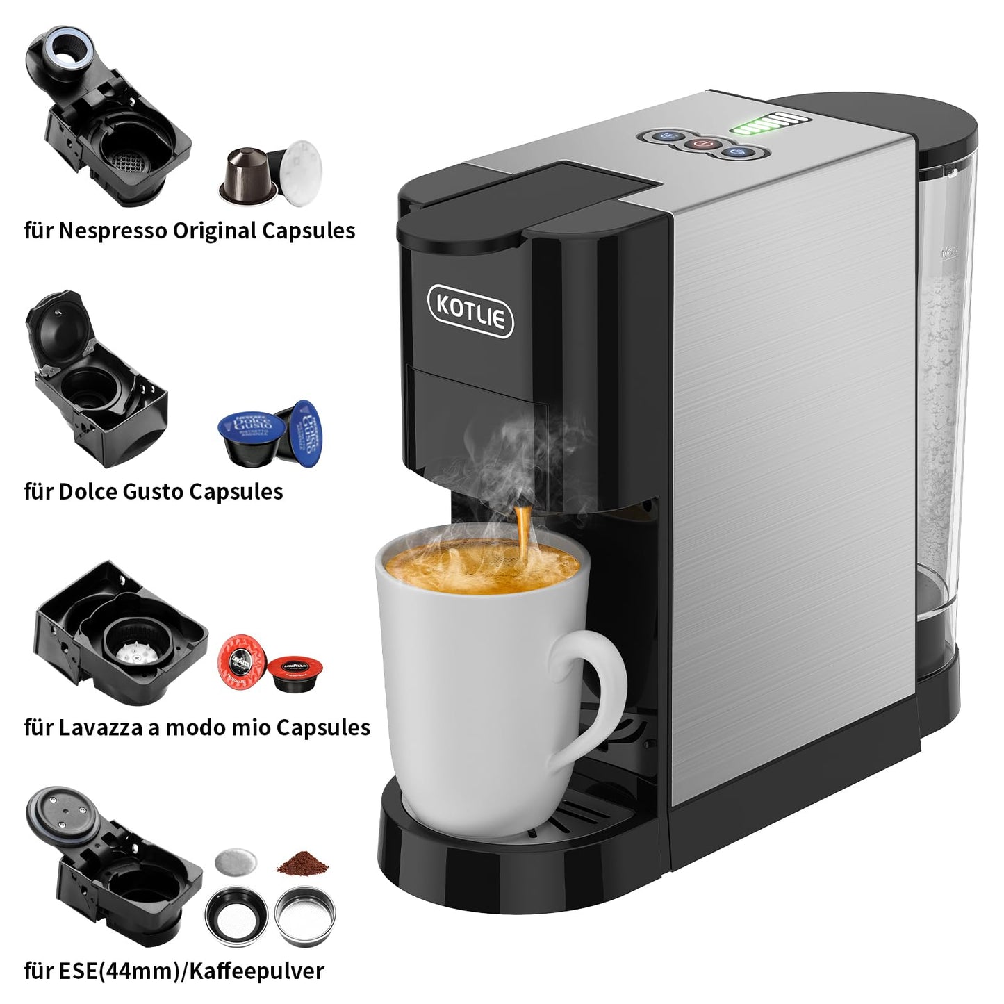 KOTLIE Espresso Kaffeemaschine, 4 in1Kaffeemaschine für NES/DG/Mehl/ESE Kapsel Espressomaschine, 19 Bar