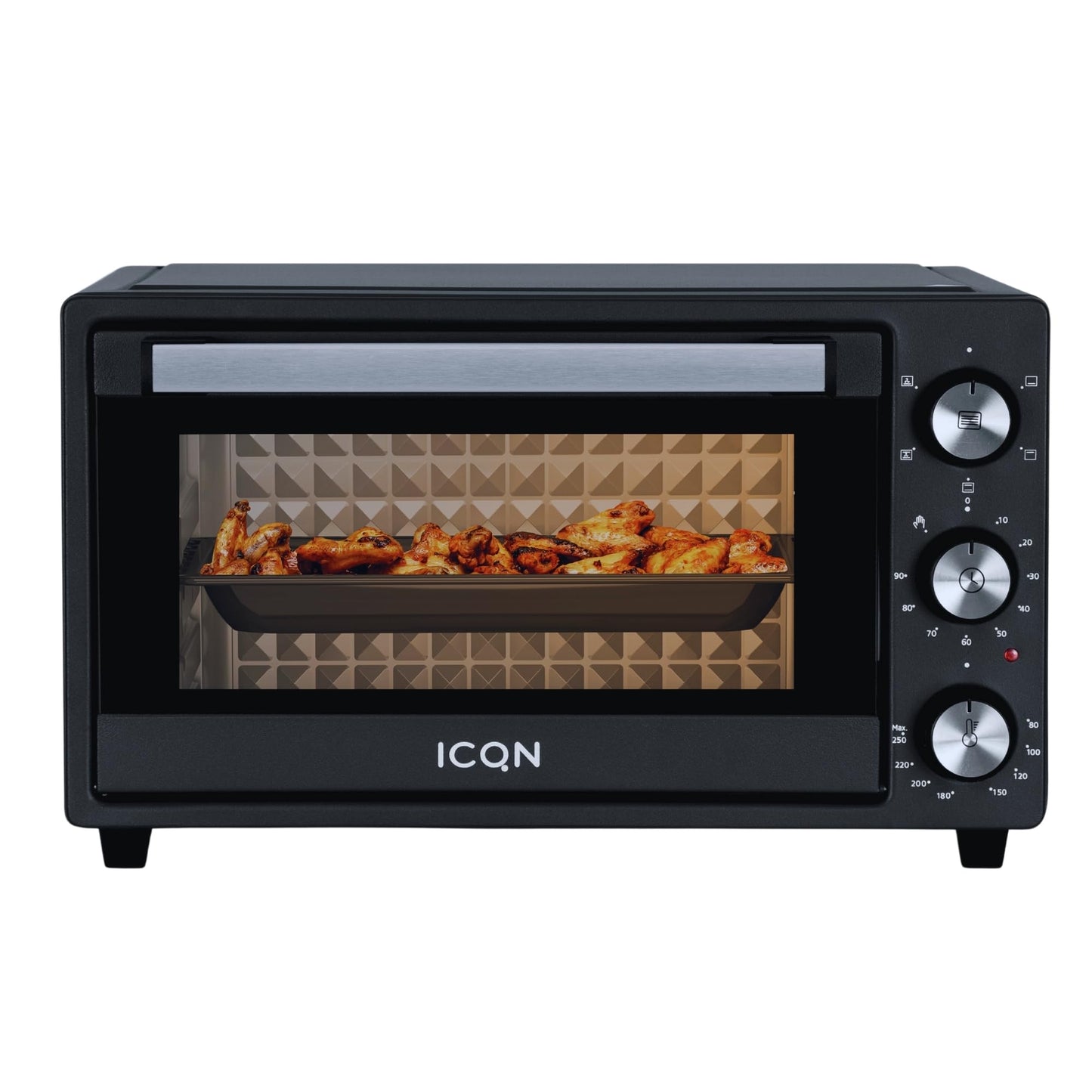 ICQN Kompakter Minibackofen 15 Liter, 1200W, 60 min-Timer, 3 Kochfuntionen, 90°-230°C, Kleiner Camping Ofen, Anthrazit, 2-Jahre Garantie