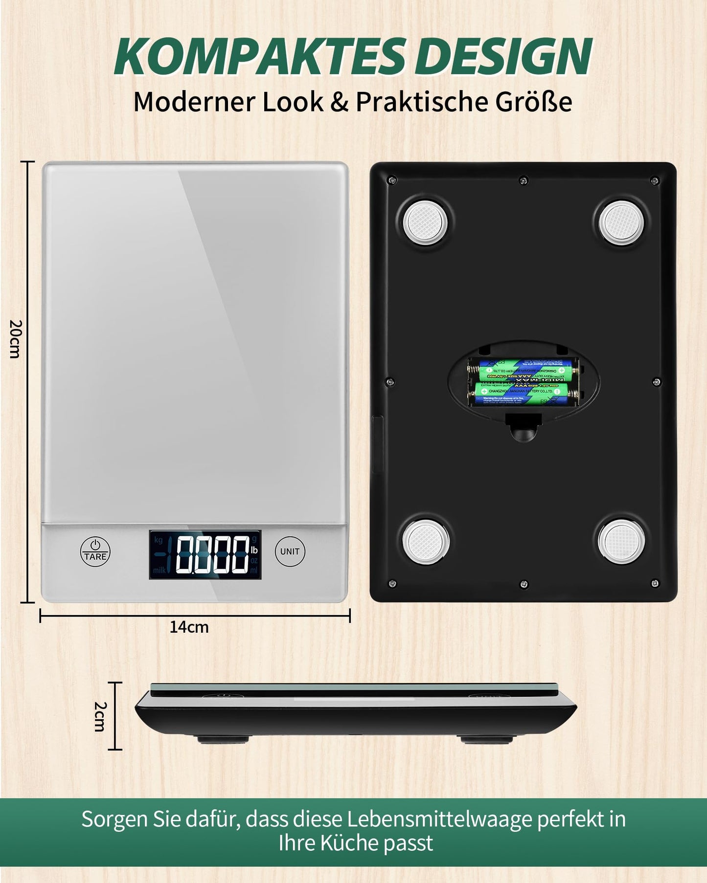 Küchenwaage Digital,Küchenwaage Geneigtes Display,Waage Küchenwaage 10KG,Hochpräzise 1g Digitale Küchenwaage mit Tara-Funktion,Schwarz Glas Lebensmittelwaage Wasserdicht,Touchscreen inkl. Batterien