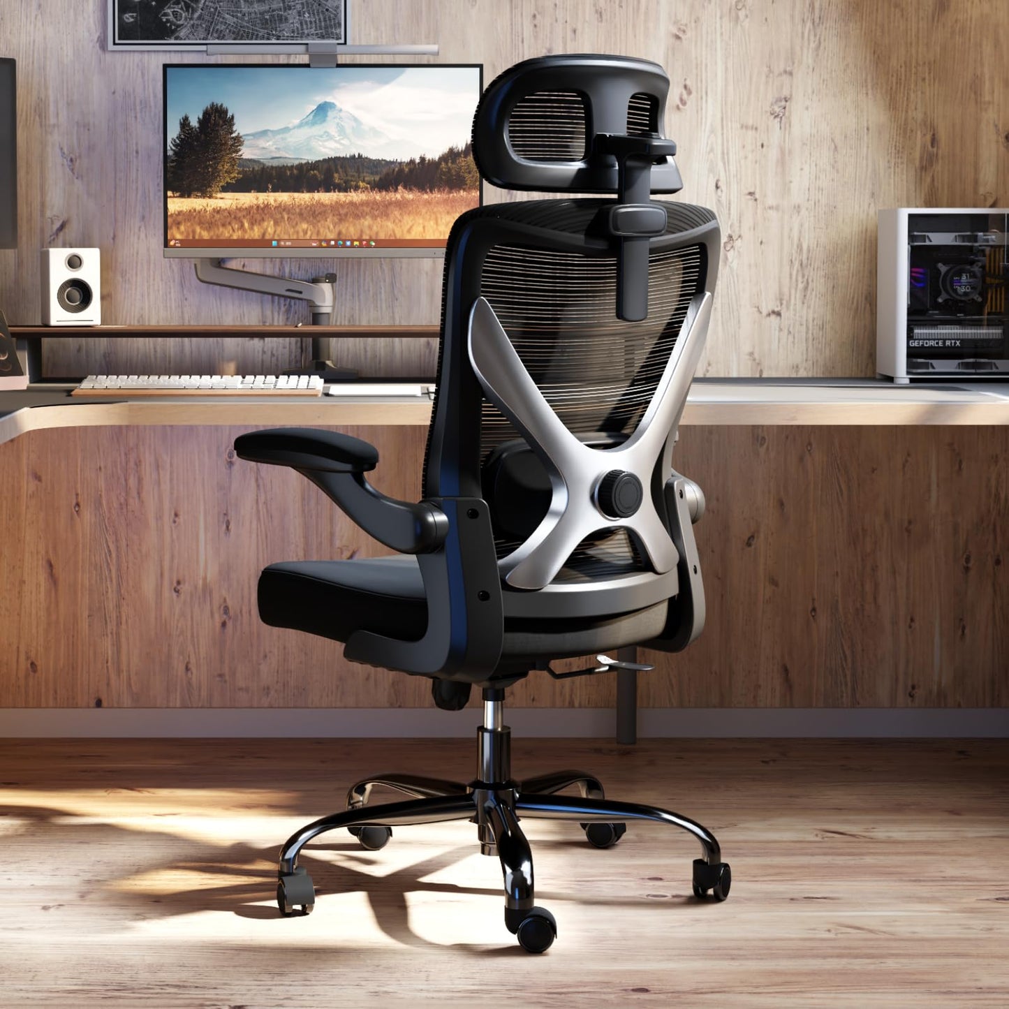 TRALT Ergonomischer Bürostuhl - X-förmiger bequemer Computer-Bürostuhl, Gaming-Stuhl, Bürostuhl mit Lendenwirbelstütze, Netz-Bürostuhl mit Kopfstütze (Grau-Silber)