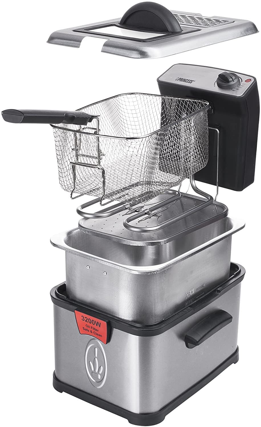 Princess 183001 Edelstahl Fritteuse mit 3 Liter Fassungsvermögen, Ölfilter und Kaltzonenfunktion, entnehmbarer Edelstahl-Behältereinsatz, Silber 01.183001.050