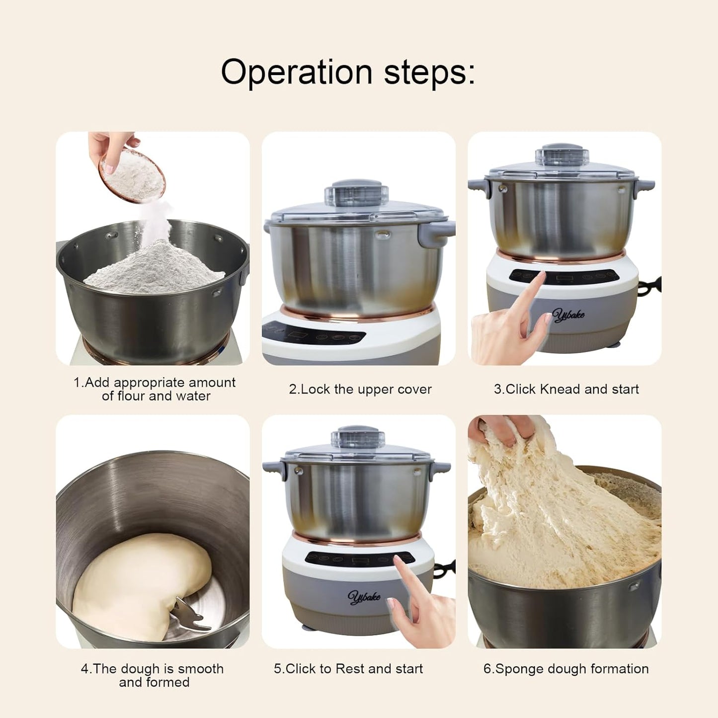 YIBAKE Dough Kneading Machine with Fermentation Function, 5L Fully Automatic Dough Machine, 25-38℃ Fermentation Function, Intelligent Timing, 10 Min Fast Kneading