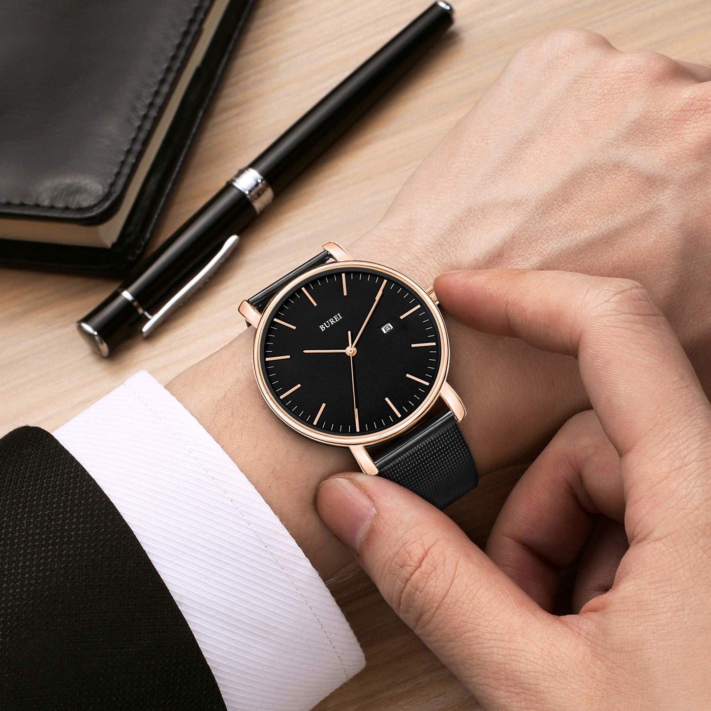 BUREI Ultra Dünne Uhren Herren Schwarze Analoges Datum Armbanduhr Herren mit Japanisches Quarzwerk, Geschenke für Männer