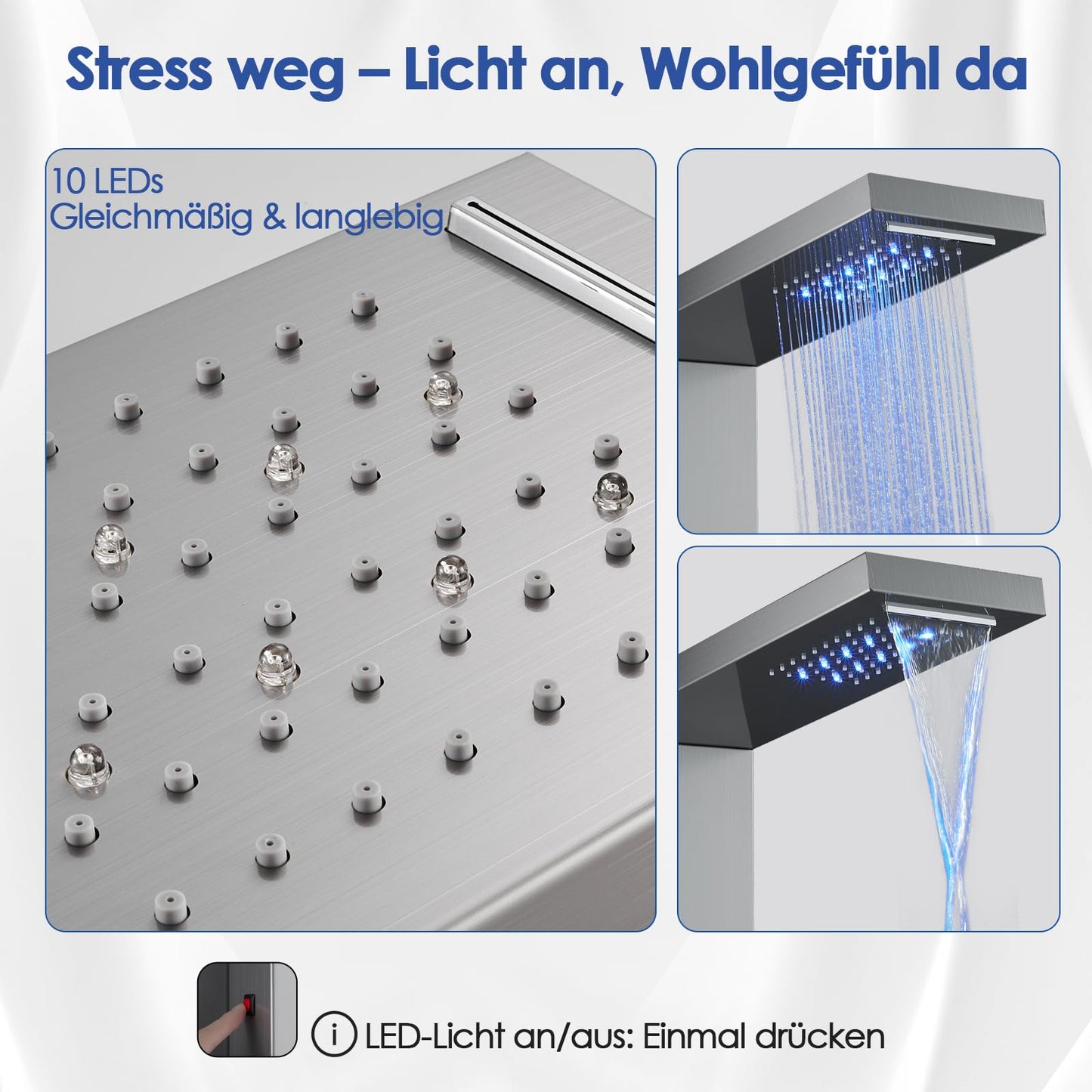LED Duschpaneel mit Thermostat, OUGOO 6 Funktionen Duschpaneel mit Armatur, Regendusche, Wasserfalldusche, 2-Typ-Massagedüsen, Handbrause und Badewanneneinlauf, 304 Edelstahl, Schwarz