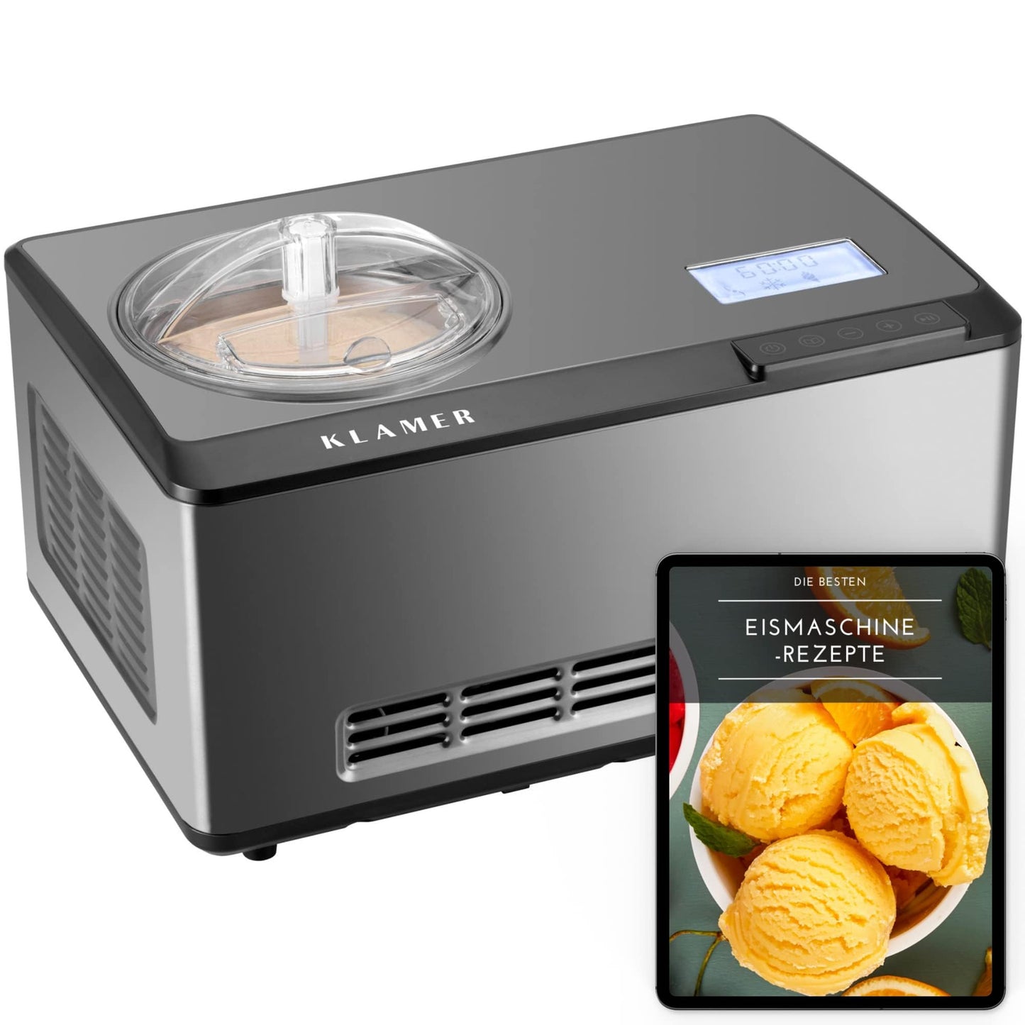 KLAMER 2-in-1 Ice Cream Maker & Yoghurt Maker 2 L, 180 W Stainless Steel Ice Cream Machine with Cooling and Heating Function, Homemade Ice Cream with Self-Cooling Compressor