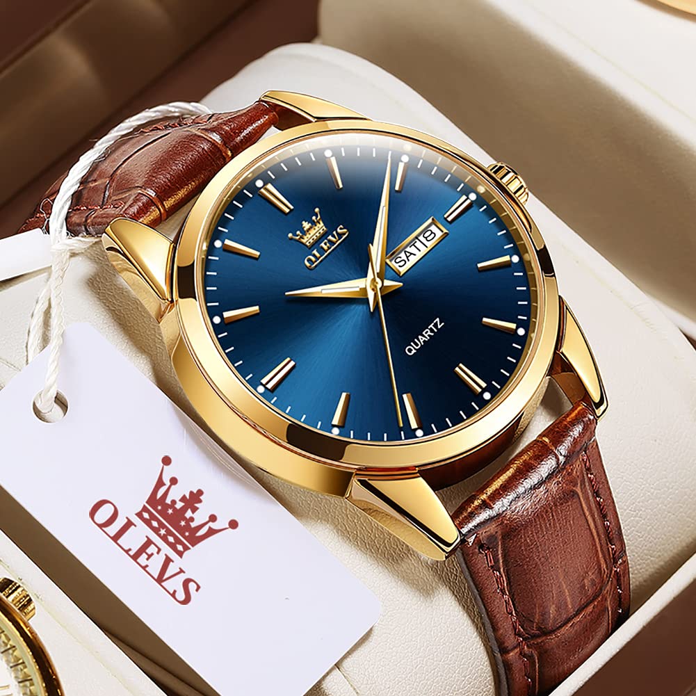 OLEVS Herrenuhren Braune Schwarz Lederarmband Quarz Uhr Männer mit Wochentag Datum Wasserdicht Leuchtende Klassische Elegantes Armbanduhr Geschenk