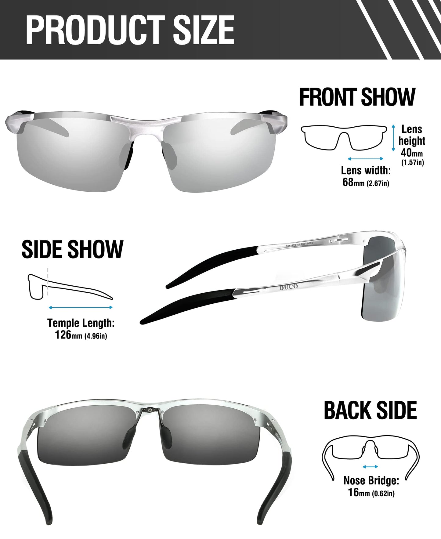 DUCO Herren Sportbrille Polarisierte Sonnenbrille Fahrerbrille Ultraleichte Al-Mg Metallrahmen UV400-Schutz Männer Sonnenbrillen 8177S