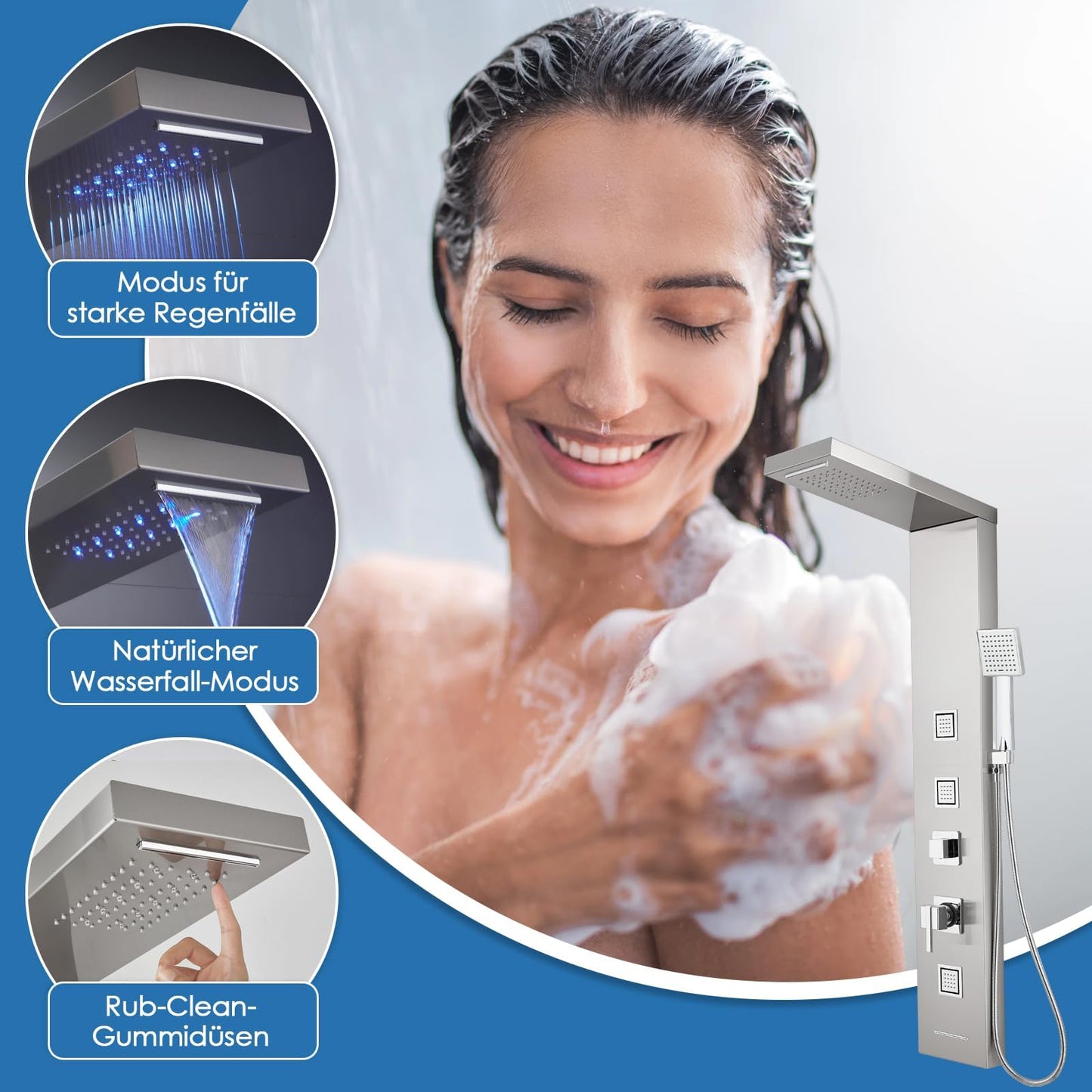 LED Duschpaneel mit Thermostat, OUGOO 6 Funktionen Duschpaneel mit Armatur, Regendusche, Wasserfalldusche, 2-Typ-Massagedüsen, Handbrause und Badewanneneinlauf, 304 Edelstahl, Schwarz
