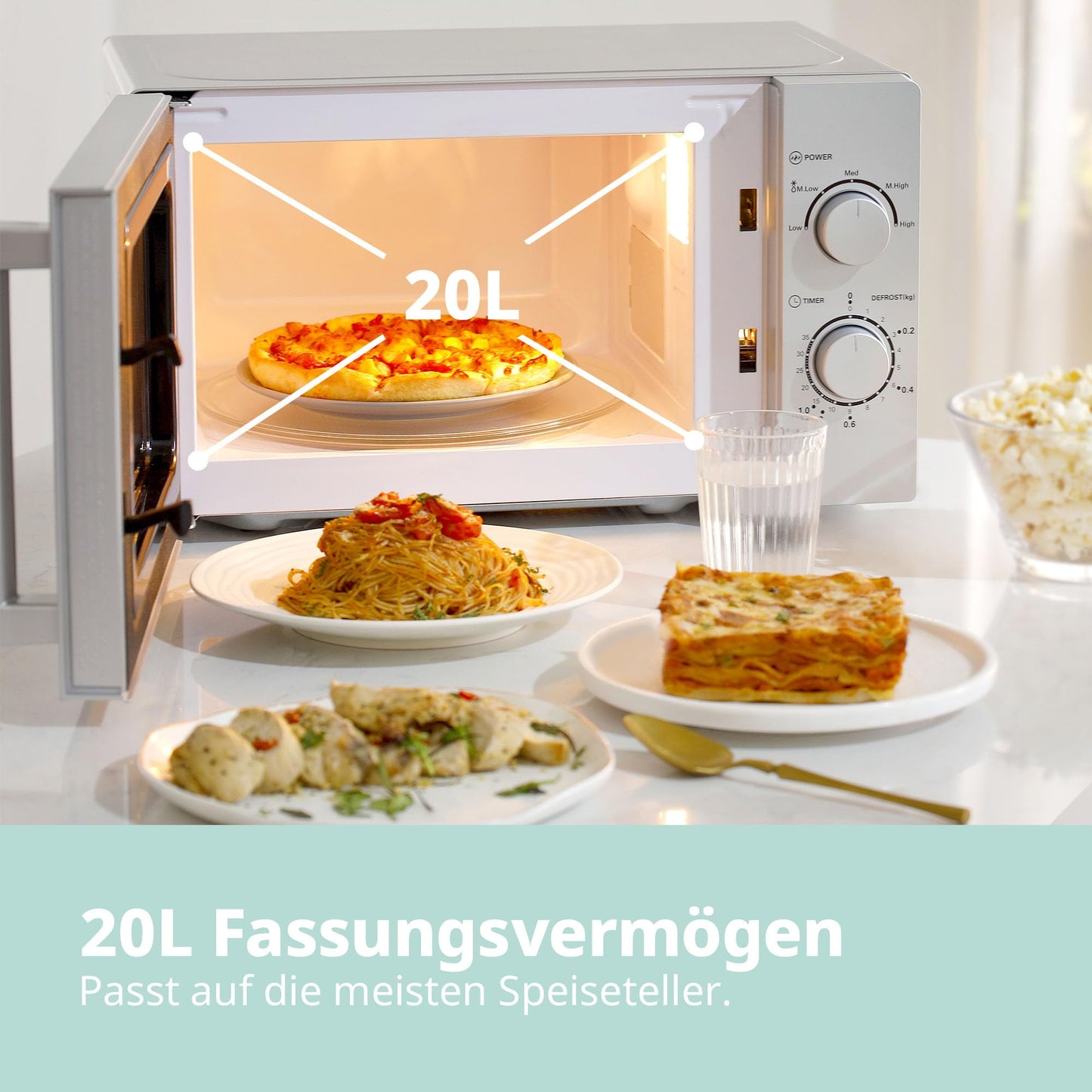Comfee CMSN 20 wh Mikrowelle / Solo-Mikrowelle mit 5 Leistungsstufen/ Innenbeleuchtung/ easy Defrost/360°Drehteller / Zwei Drehregler/20L/700W/ Weiß, Mechanisch