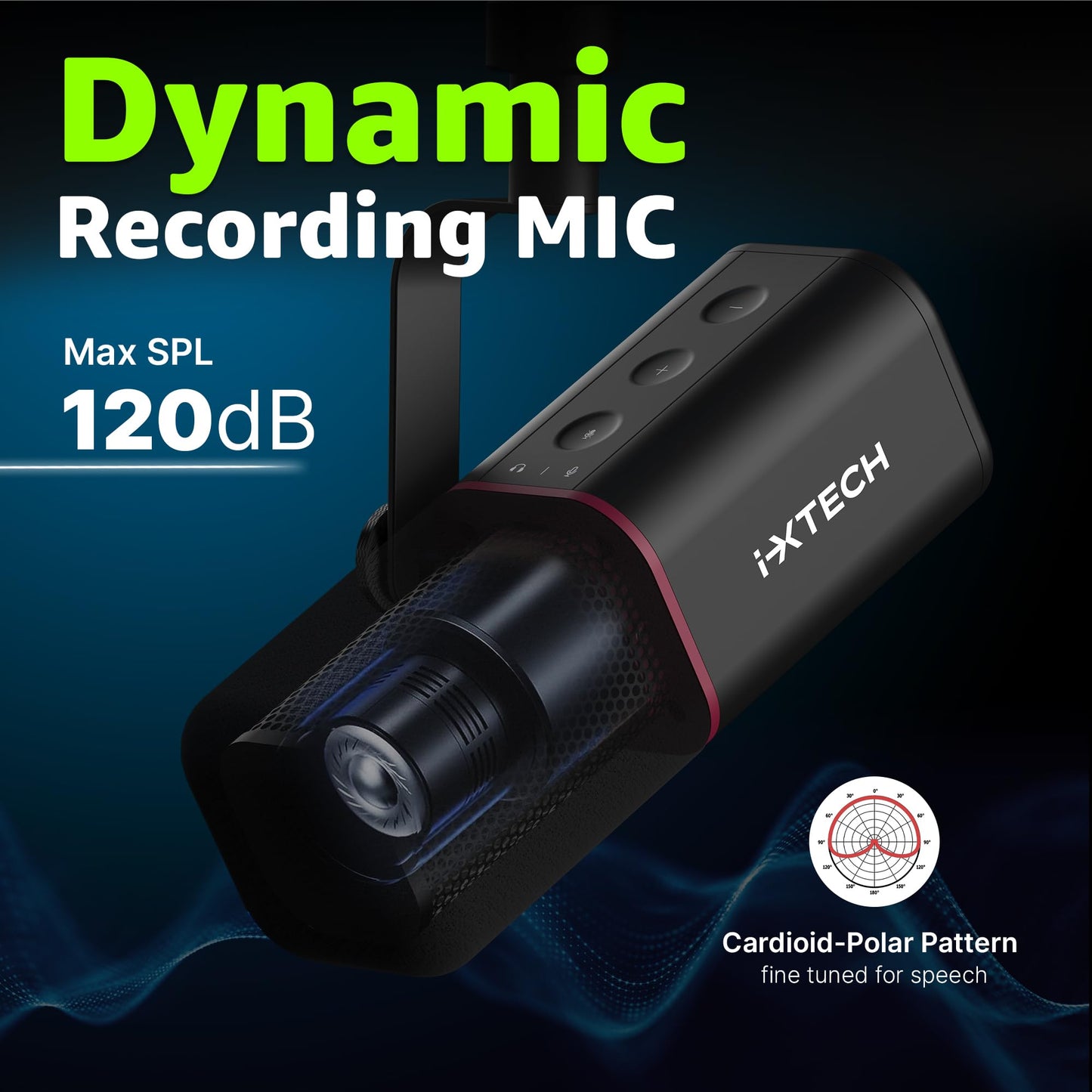 IXTECH Dynamisches Mikrofon mit Nierencharakteristik RGB Gesangsmikrofon USB XLR Studiomikrofon Software Stummschalttaste Microphone für Podcasting Streaming Aufnahme Gaming und Voice-Over Schwarz