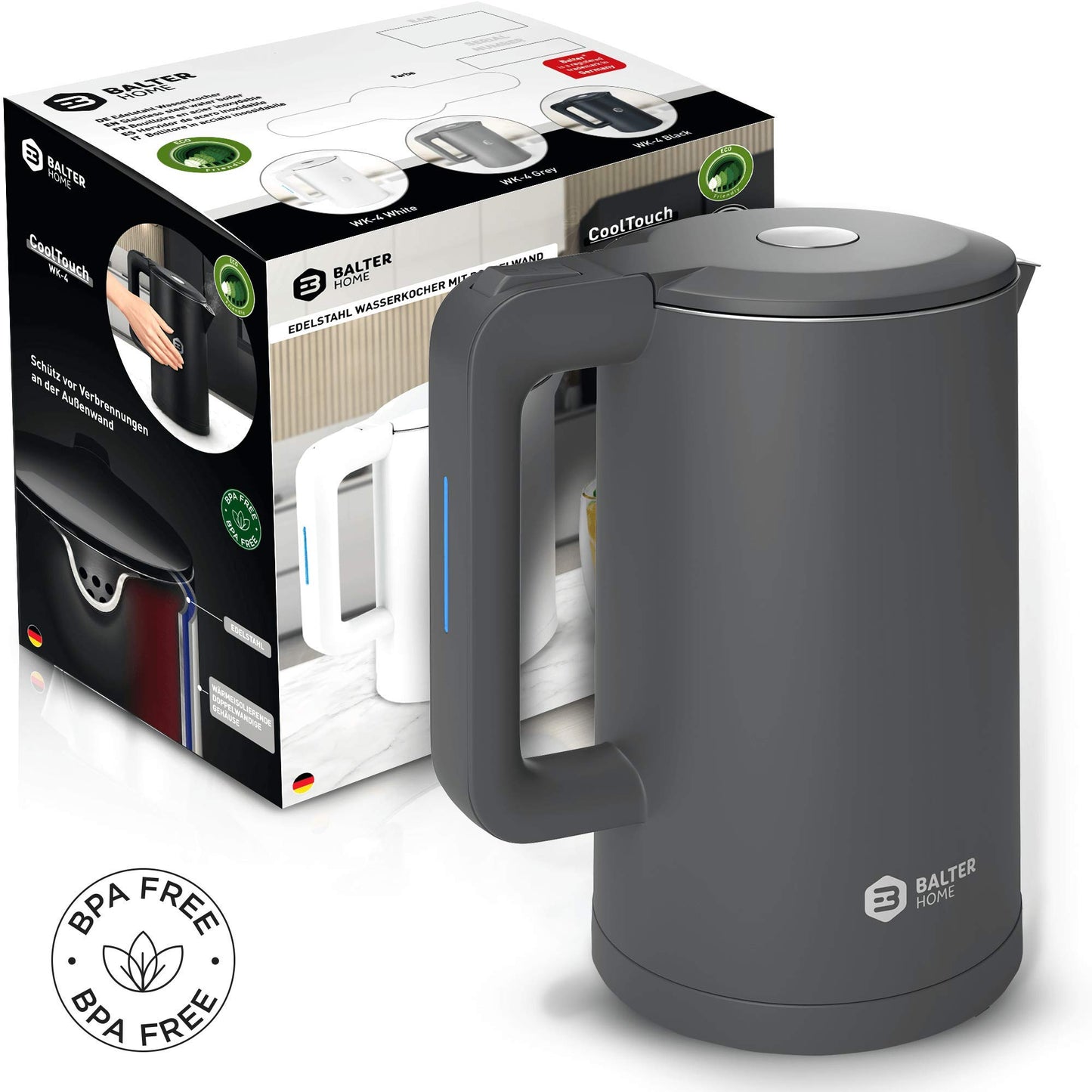 Balter Wasserkocher Edelstahl WK-4, 1,7 Liter, elektrischer Wasserkocher, Doppelwand Design, BPA frei, LED, Teekocher Kompakt, leise (Schwarz)