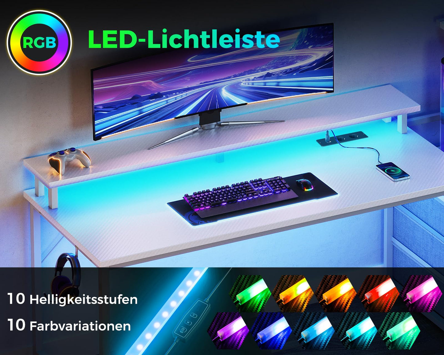 Coleshome Gaming Table with LED Lighting & Socket, Gaming Desk with Drawers, Computer Desk with Shelves & Monitor Stand, Carbon Fibre Black, 151 x 50 cm