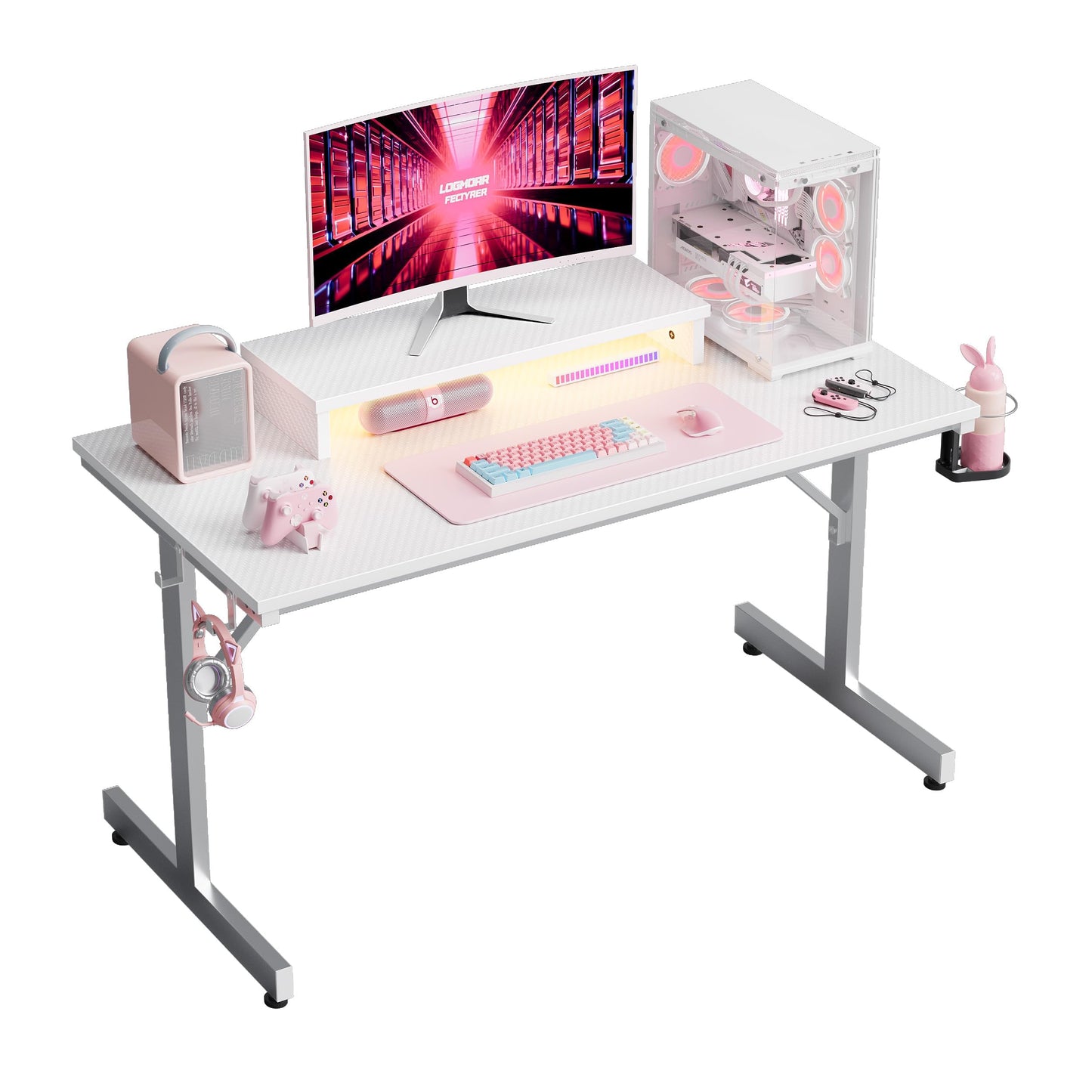 Bestier Kleiner Gaming-Schreibtisch 106,6 cm LED Computerschreibtisch mit Monitorständer, Gamer-Arbeitsstation mit Becherhalter & Headset-Haken für Home-Office, Schlafzimmer, kleine Räum