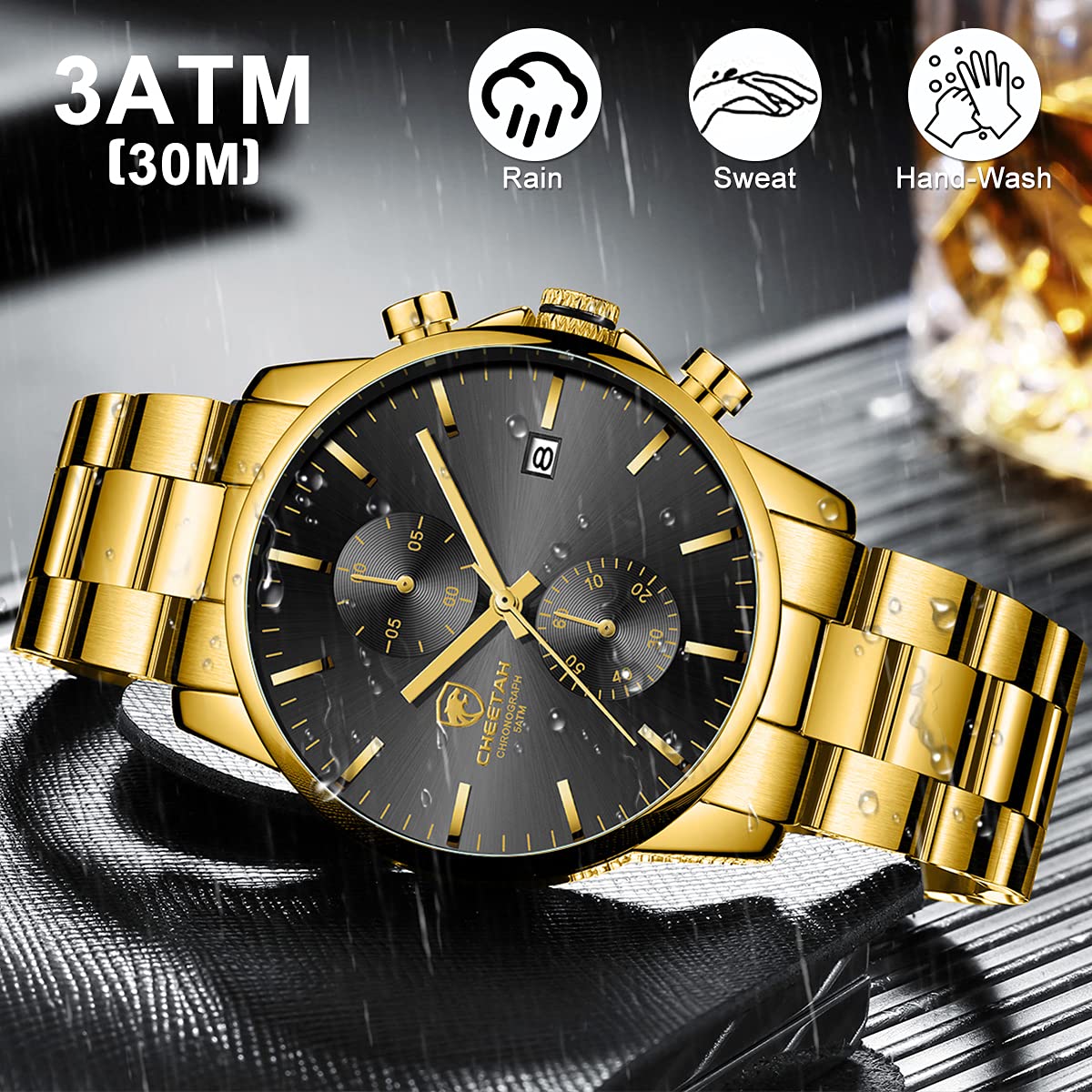 Herrenuhren mit lässiger wasserdichter Chronographen Quarzuhr aus Edelstahl und Metall, Auto Date in farbenfrohen Zeigern