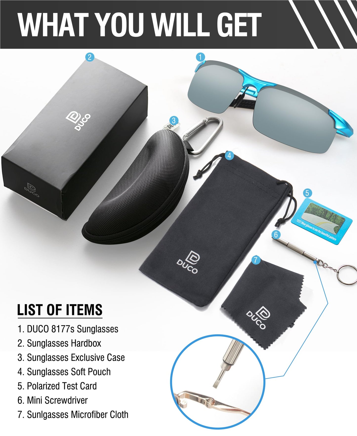 DUCO Herren Sportbrille Polarisierte Sonnenbrille Fahrerbrille Ultraleichte Al-Mg Metallrahmen UV400-Schutz Männer Sonnenbrillen 8177S