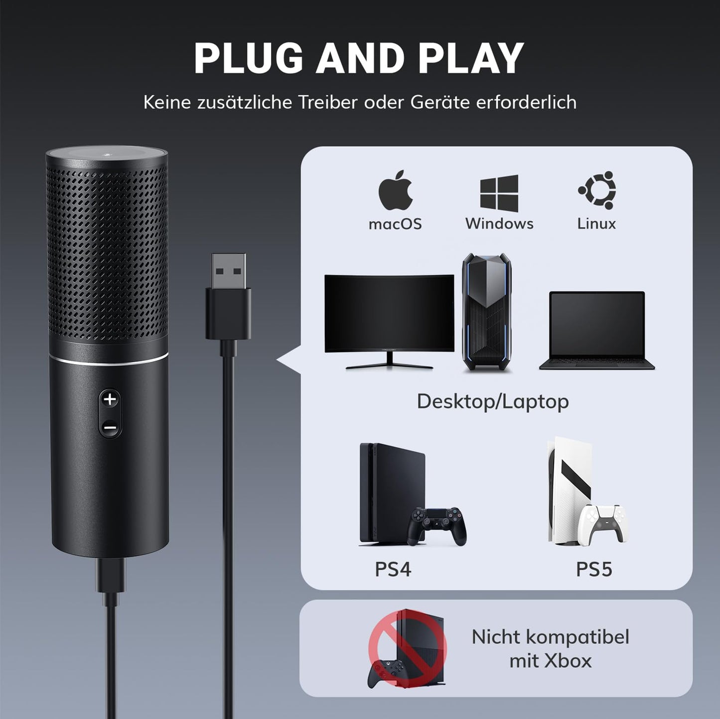 USB Gaming Mikrofon PC, TONOR Podcast Kondensator Microphone Kit Nierencharakteristik mit Arm Ständer Popschutz, Brodcasting Mic Studio Mikro, Mikrophon für Streaming Aufnahme YouTube Twitch PS4/5, Q9