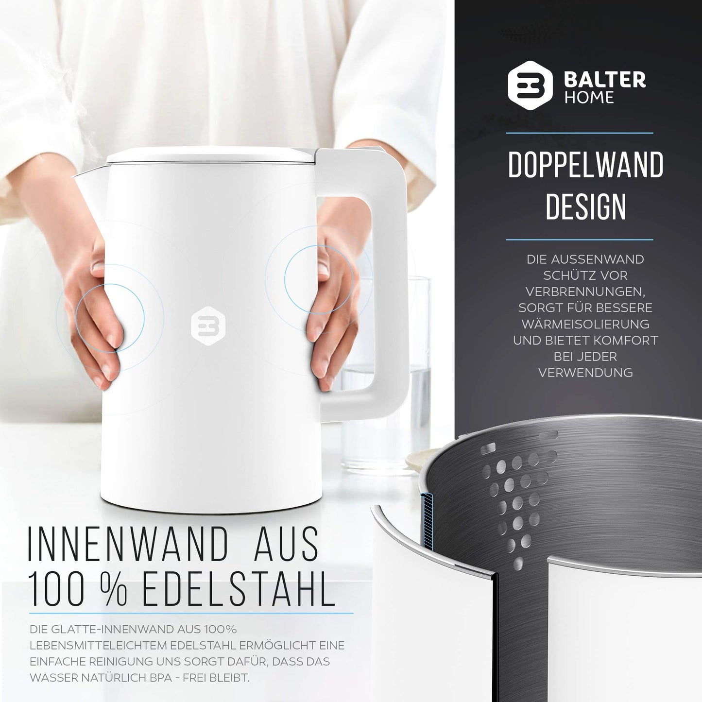 Balter Wasserkocher Edelstahl WK-4, 1,7 Liter, elektrischer Wasserkocher, Doppelwand Design, BPA frei, LED, Teekocher Kompakt, leise (Schwarz)