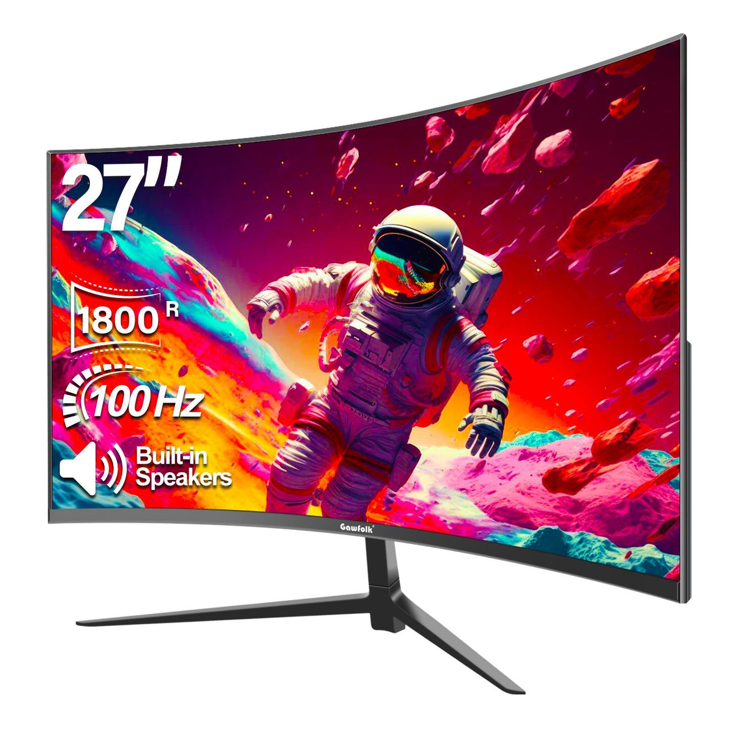 Gawfolk Curved Monitor 27 Zoll 100Hz, PC Bildschirm mit Lautsprecher 1080P, 1800R 75Hz Computerbildschirm mit Eye Care Technologie HDMI VGA, unterstützt VESA
