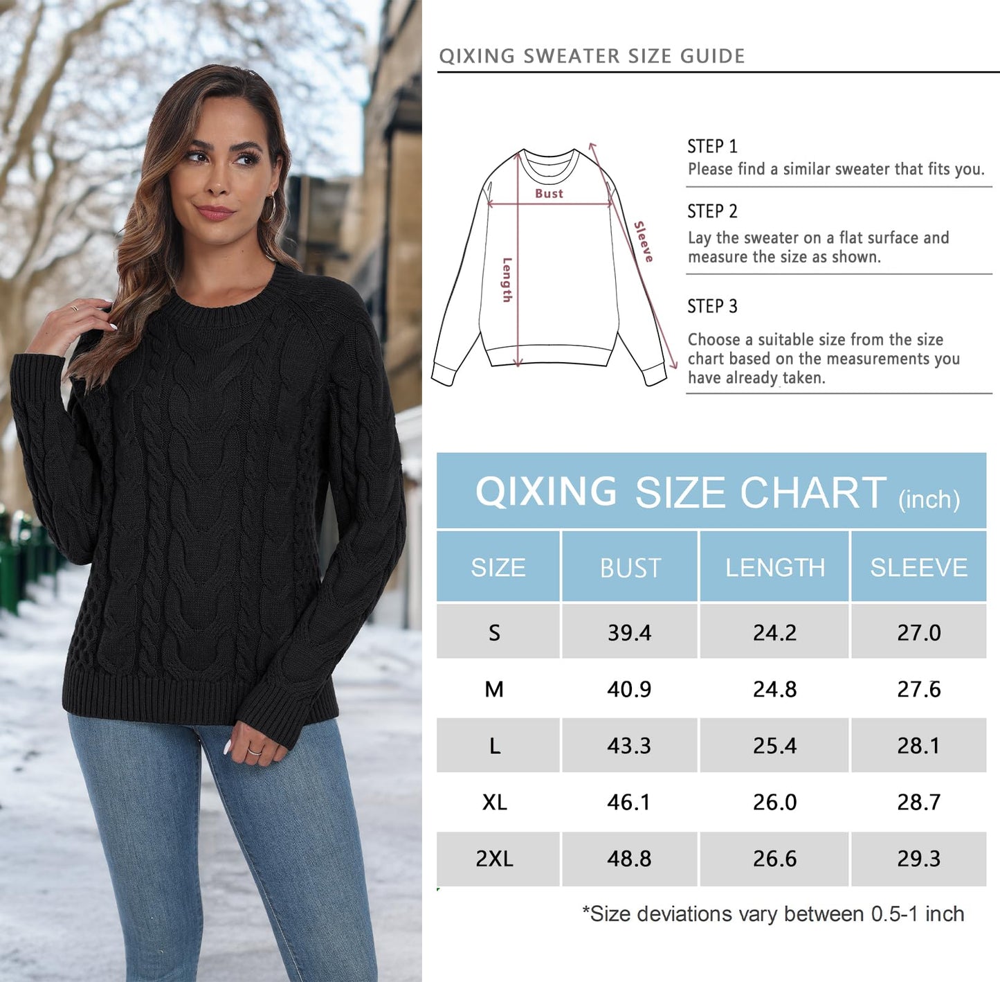 QIXING Women's Cable Knit Sweater – Elegant Long Sleeve Round Neck Winter Pullover