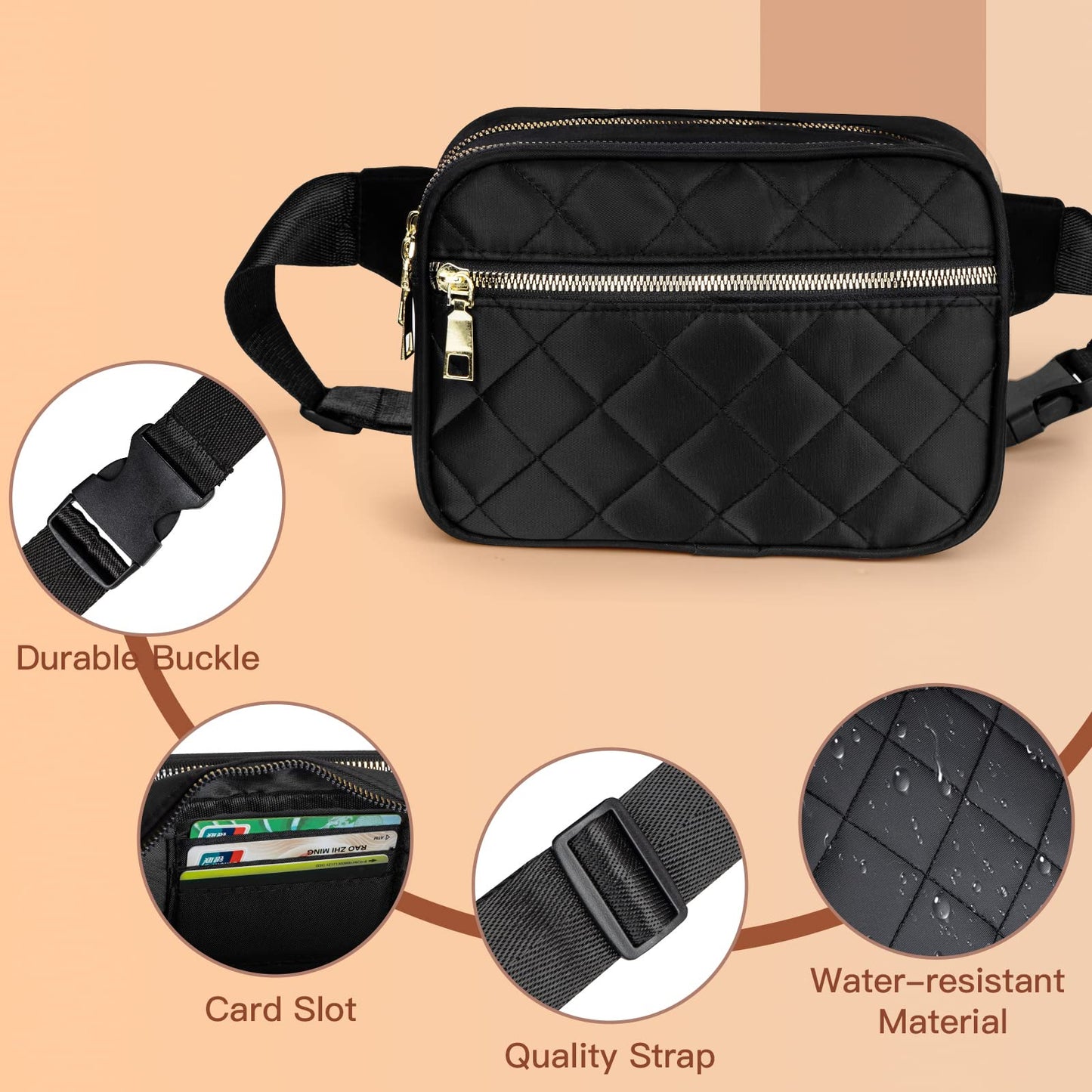 Jueachy Quilted Waist Bag – Stylish Waterproof Crossbody for Women