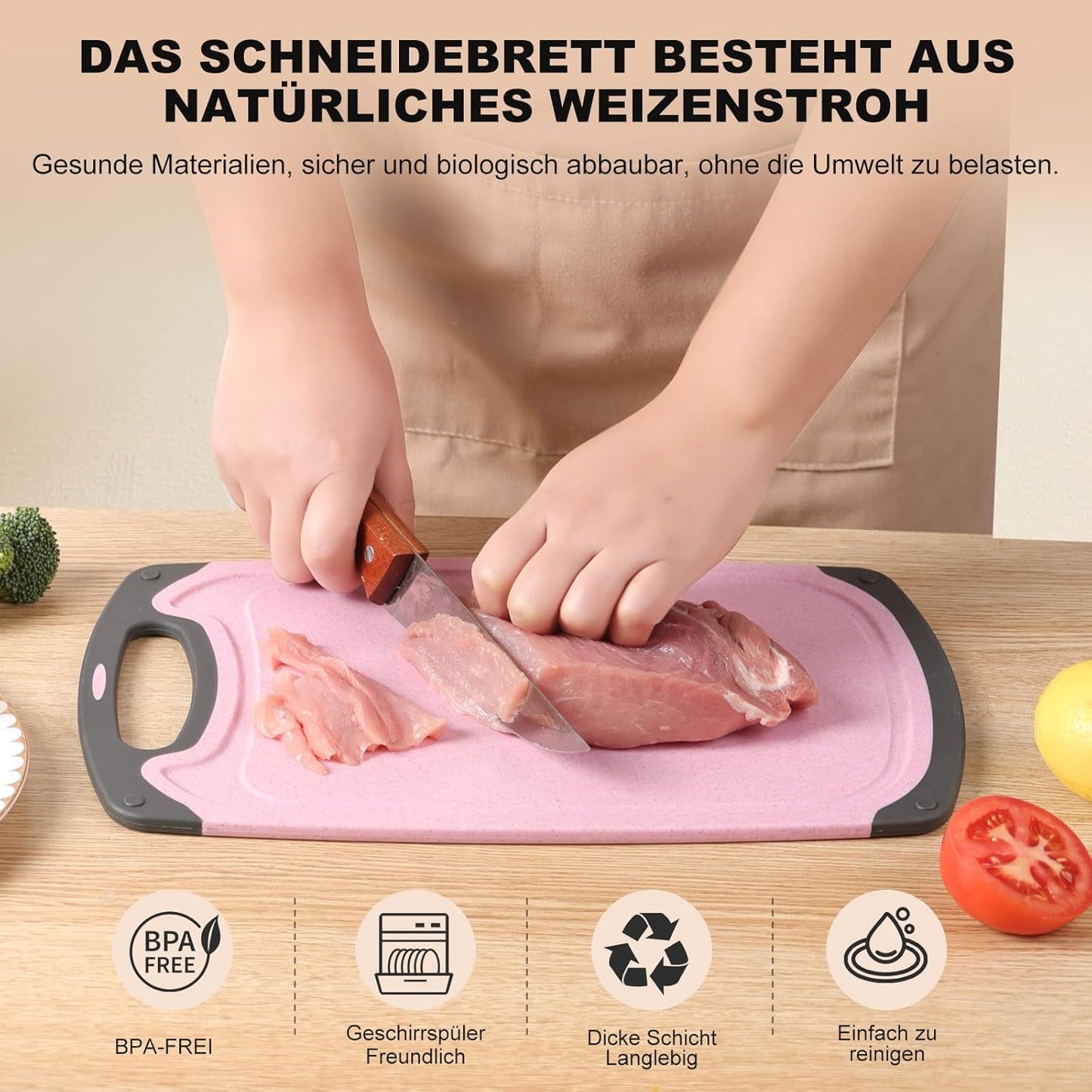 Schneidebrett Set 3 Stück Weizenstroh Küche Schneidebretter BPA Frei mit Saftrillen Leicht Zu Greifen, Hängenden Löchern, Rutschfestem, Spülmaschinenfestem Schneidebrett (Beige + Grün + Pink)