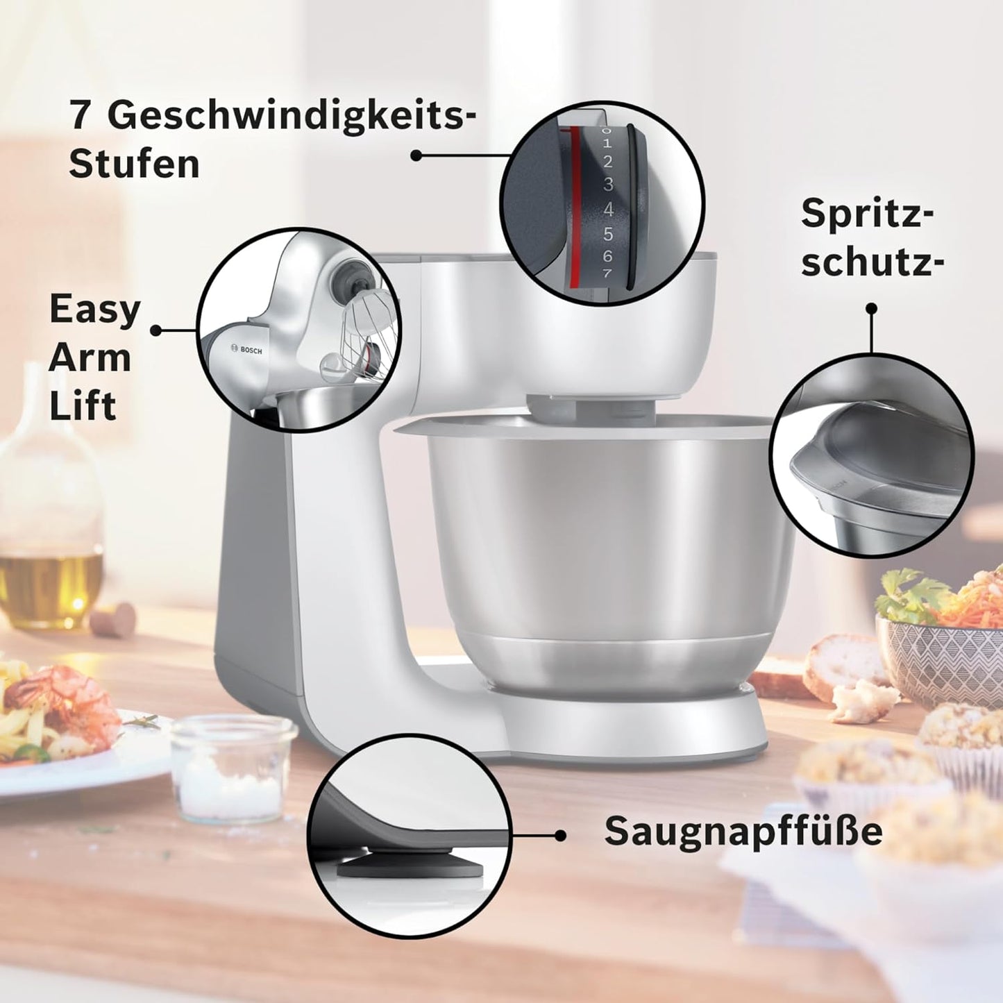 Bosch Küchenmaschine Serie 4, Schüssel 3,9 L, Mixer 1,25 L, Fleischwolf, Zitruspresse, Planetenrührwerk, Knethaken, Schlag-, Rührbesen, Durchlaufschnitzler, 3 Scheiben, 900 W, Silber/Grau