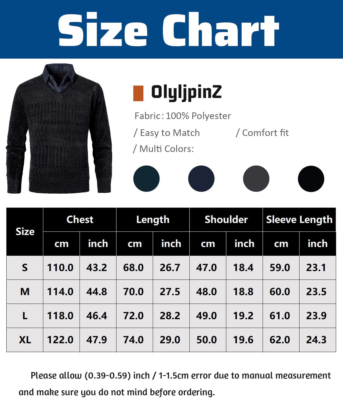 Men’s 2-in-1 V-Neck Sweater – Slim Fit Chenille Pullover with Mock Shirt Collar