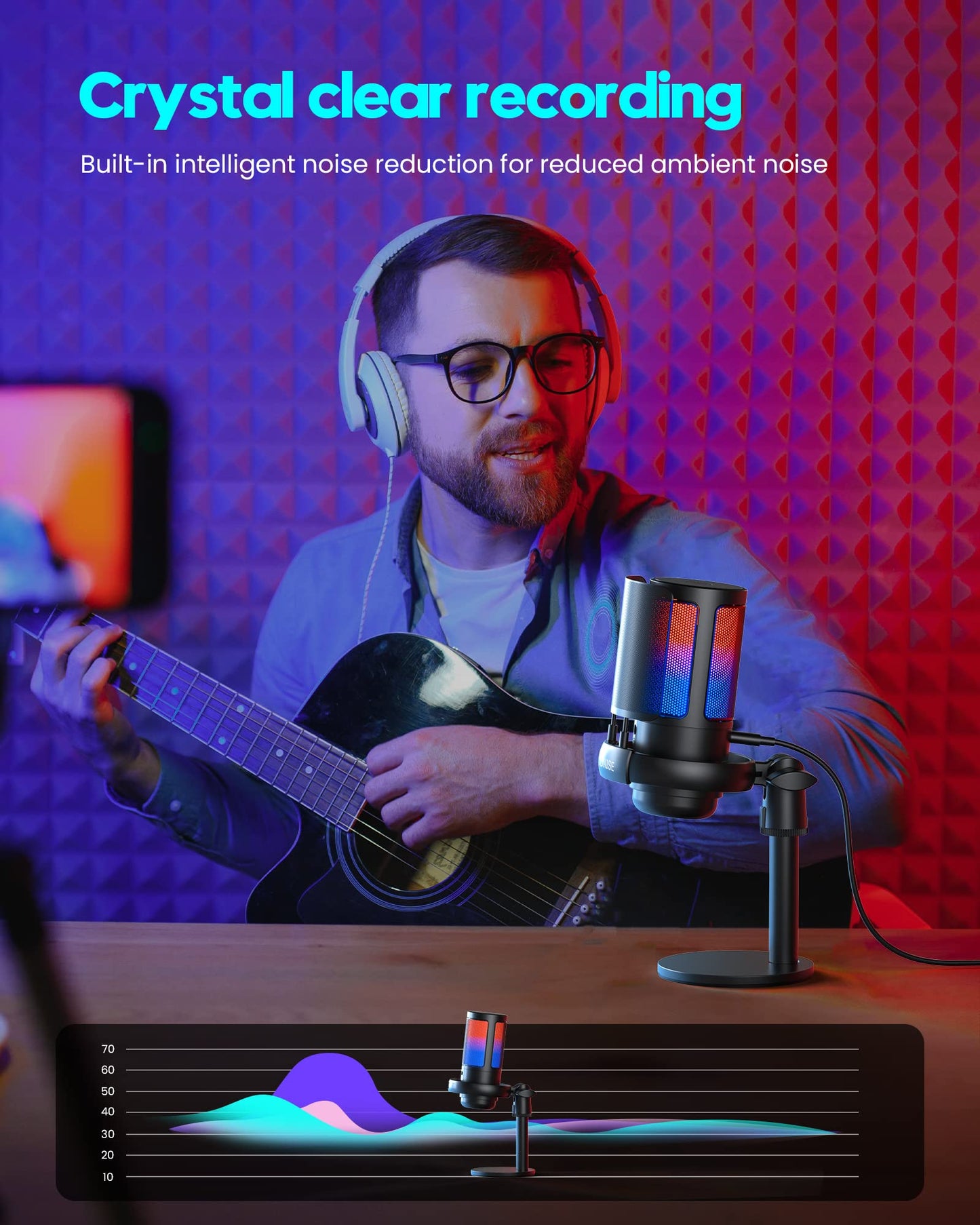 Gaming Mikrofon PC RGB, COCONISE, für Streaming Podcast Studio, USB Microphone für PS4 PS5 Mac, Ein-Klick-Stummschaltung, Mit 3,5-mm-Kopfhöreranschluss,Drehregler zum Einstellen der Lautstärke